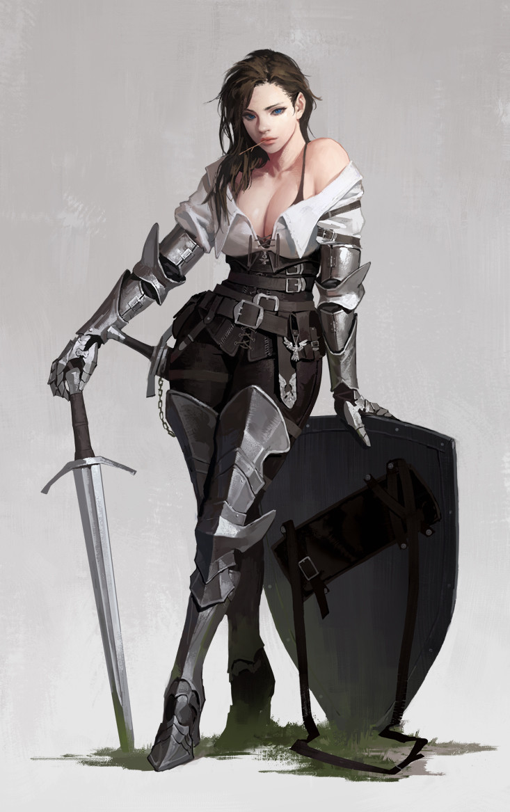 1girls, armor, dongho kang, female, female knight, medieval armour, shield, sword, weapon