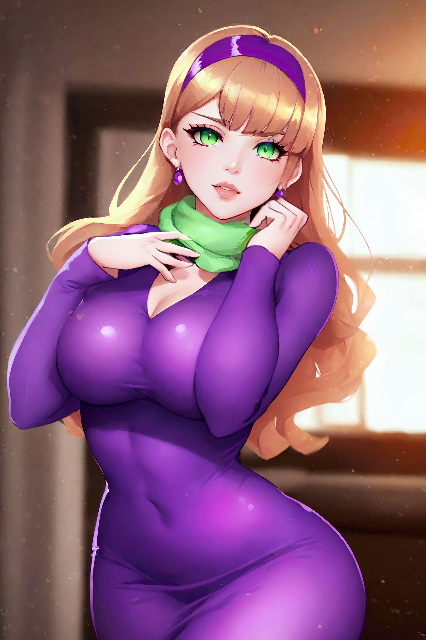 1girls, ai generated, big breasts, breasts, clothed female, curvaceous, curvy female, curvy figure, daphne blake, female, female only, high resolution, long hair, looking at viewer, orange hair, scooby-doo, solo, stable diffusion