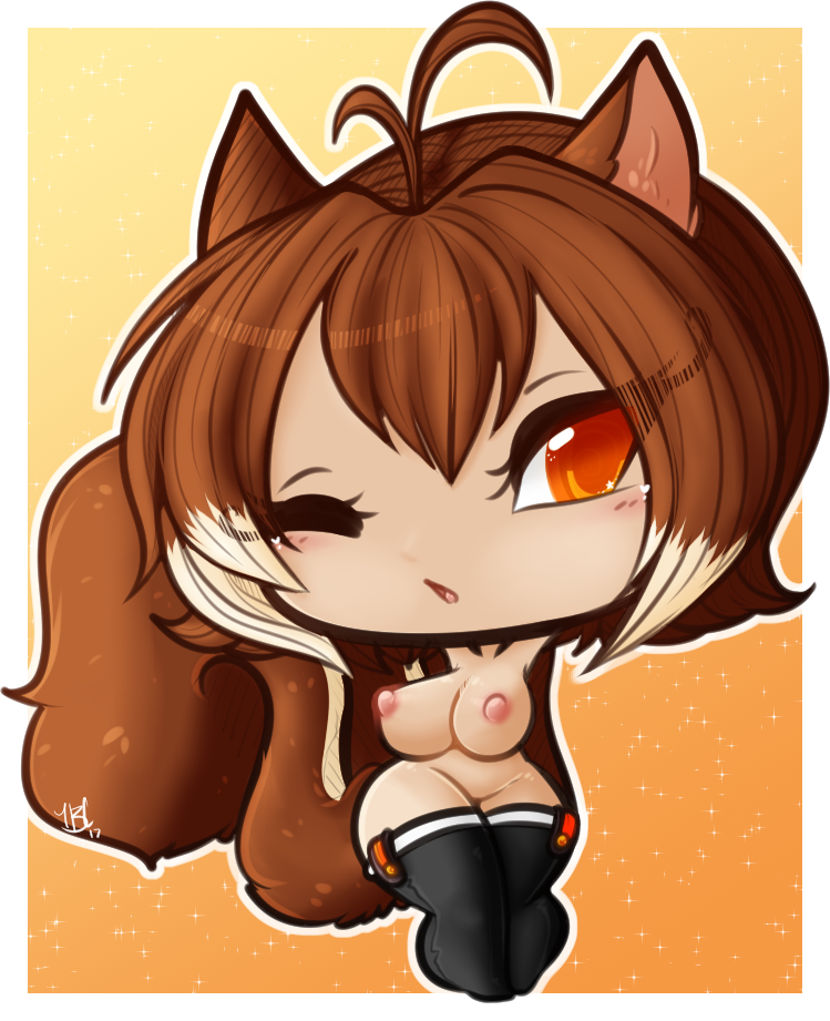 animal_ears blazblue brown_hair chibi female large_breasts makoto_nanaya open_mouth short_hair solo squirrel_girl squirrel_tail tail tehbuttercookie thighhighs wink