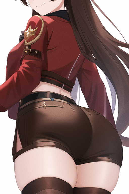 ai generated, amber (genshin impact), ass, ass focus, breasts, brown hair, denim, denim shorts, female, from behind, genshin impact, gloves, head out of frame, huge ass, long hair, medium breasts, nai diffusion, shiny, shiny clothes, shiny hair, shiny skin, short shorts, shorts, sideboob, smile, solo, stable diffusion, thick thighs, thighhighs, very long hair