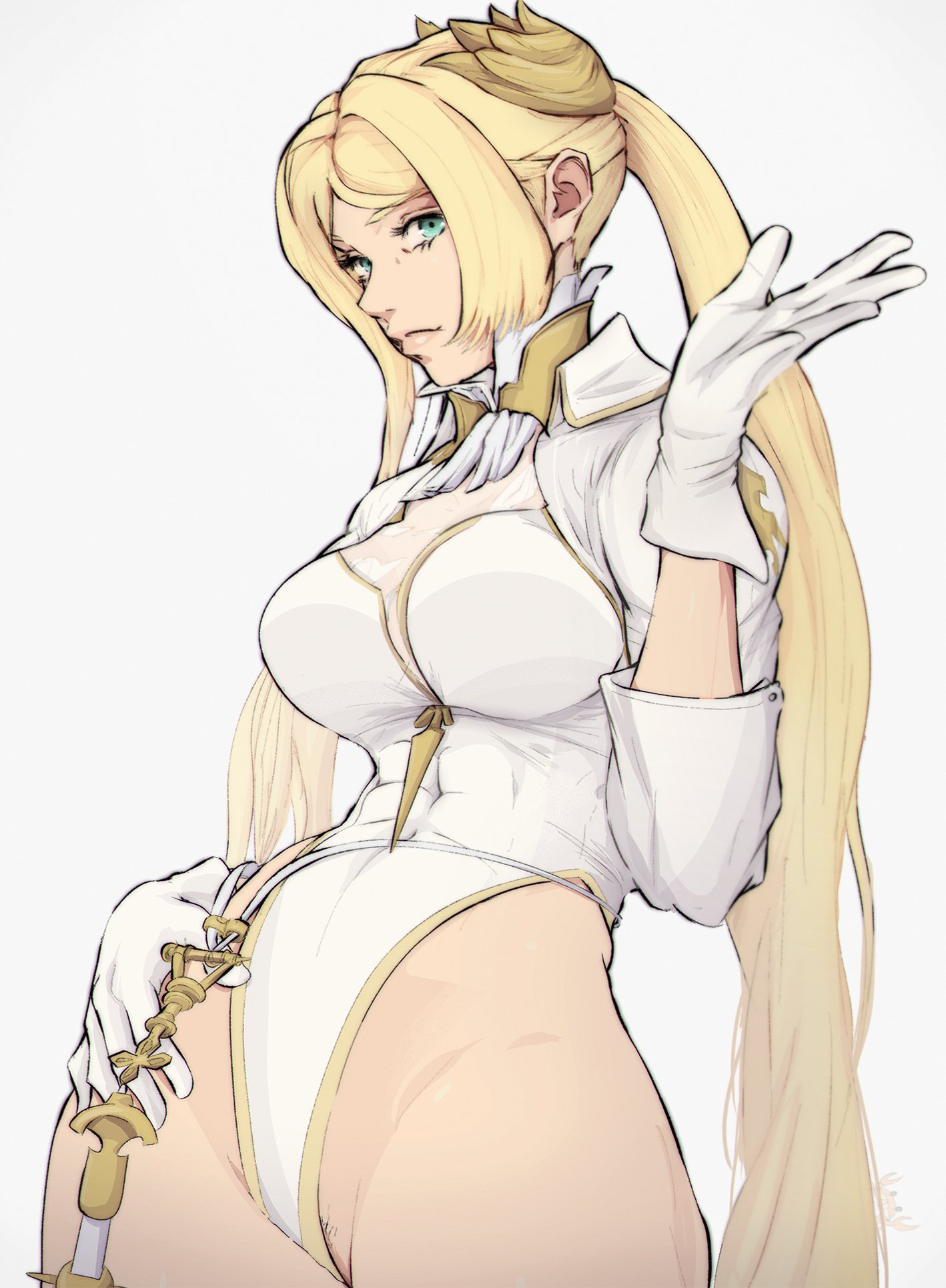 blonde hair, blue eyes, breasts, female, half dressed, leotard, medium breasts, nier (series), nier (series) 2d, nier: automata, thick thighs, yoracrab, yorha commander