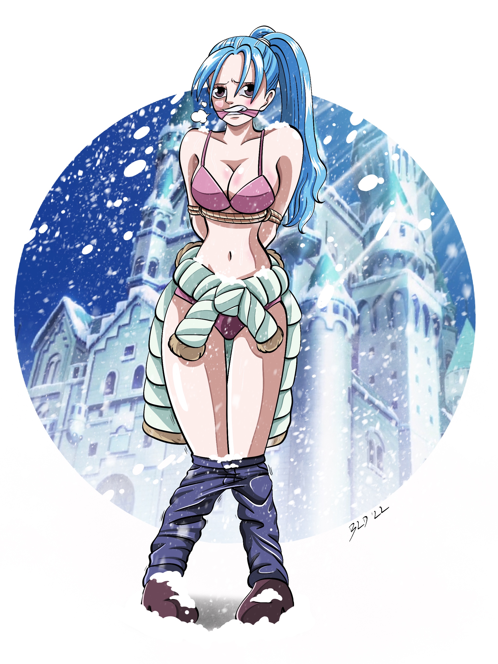 1girls, arms behind back, arms tied, artist request, bikini, bikini bottom, bikini top, blue hair, blue-haired female, bondage, bound, bound arms, cleave gag, cold, female, female only, gag, gagged, nefertari vivi, one piece, pants down, princess, snow, snowing, stripped, tied up