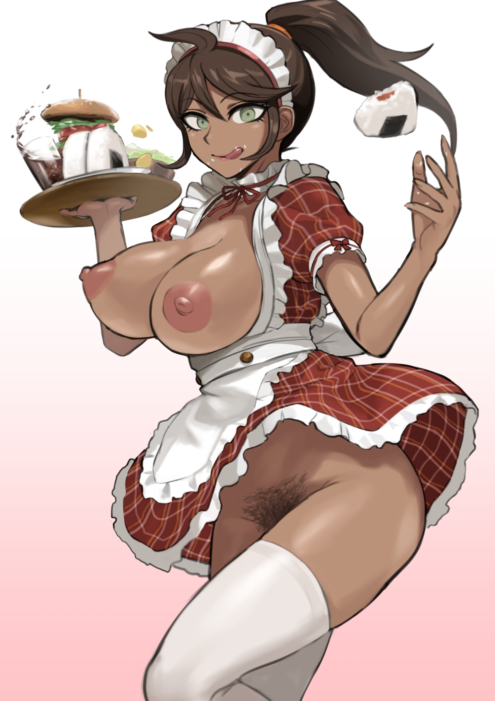 :q aged_up akizora apron areola_slip bangs bikini bottomless breasts breasts_out brown_hair commentary_request danganronpa danganronpa_2:_goodbye_despair dark-skinned_female dark_skin dress drink female female_pubic_hair food green_eyes highres large_breasts long_hair maid_headdress nipples no_bra no_panties onigiri owari_akane panties plaid plaid_dress ponytail pubic_hair pubic_hair_peek red_dress shiny shiny_skin simple_background smile smooth_skin solo super_danganronpa_2 swimsuit thighhighs tongue tongue_out tray underwear waitress white_apron white_background white_thighhighs