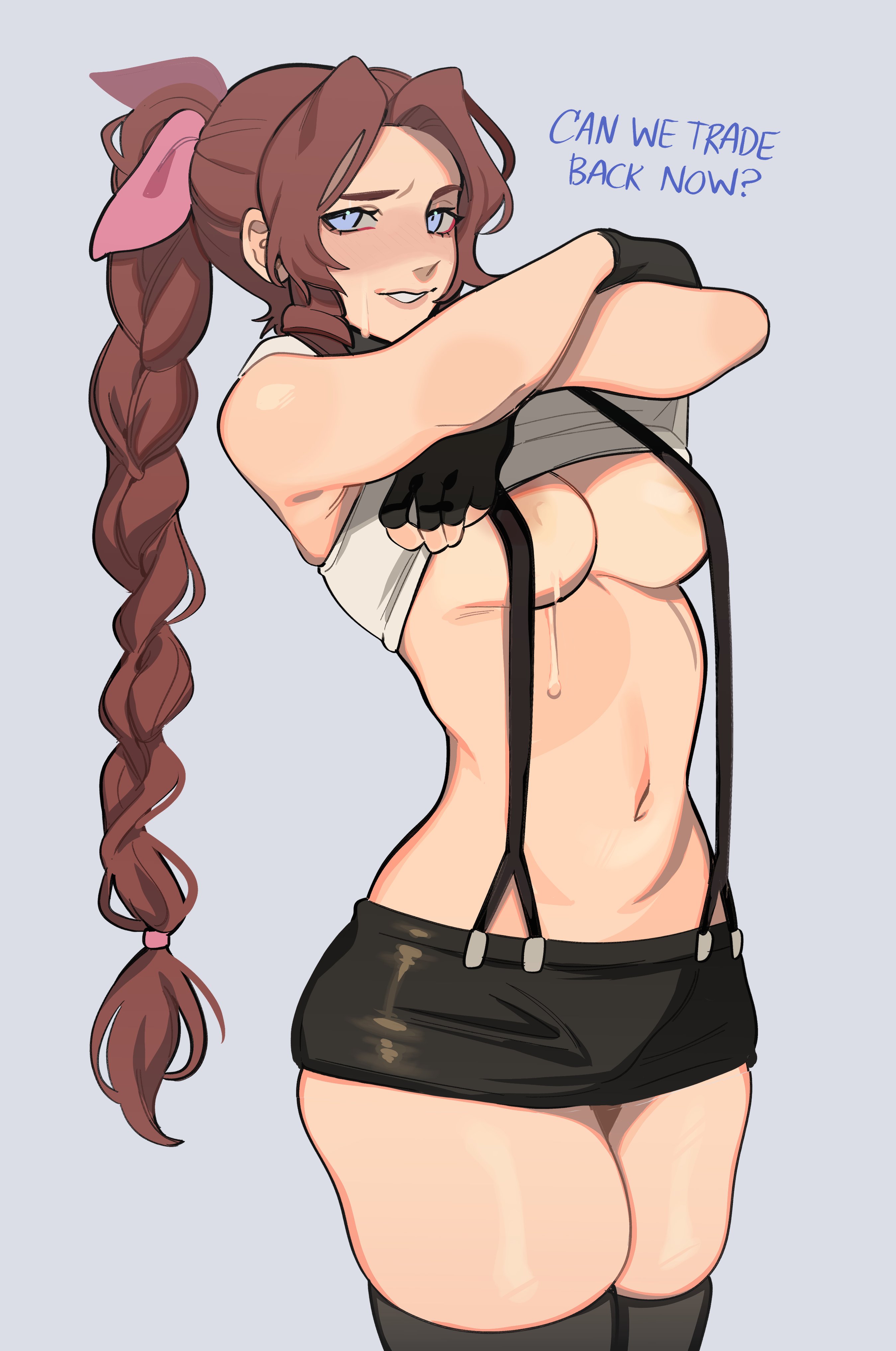 1girls, absurd res, aerith gainsborough, areola slip, blue eyes, blush, braid, braided ponytail, breasts, brown hair, clothes lift, cosplay, dialogue, english text, female, female only, final fantasy, final fantasy vii, inner sideboob, long hair, looking at viewer, miniskirt, narrowed eyes, porqueloin, simple background, solo, suspenders, talking to viewer, thick thighs, thigh squish, thighhighs, tifa lockhart (cosplay), undressing