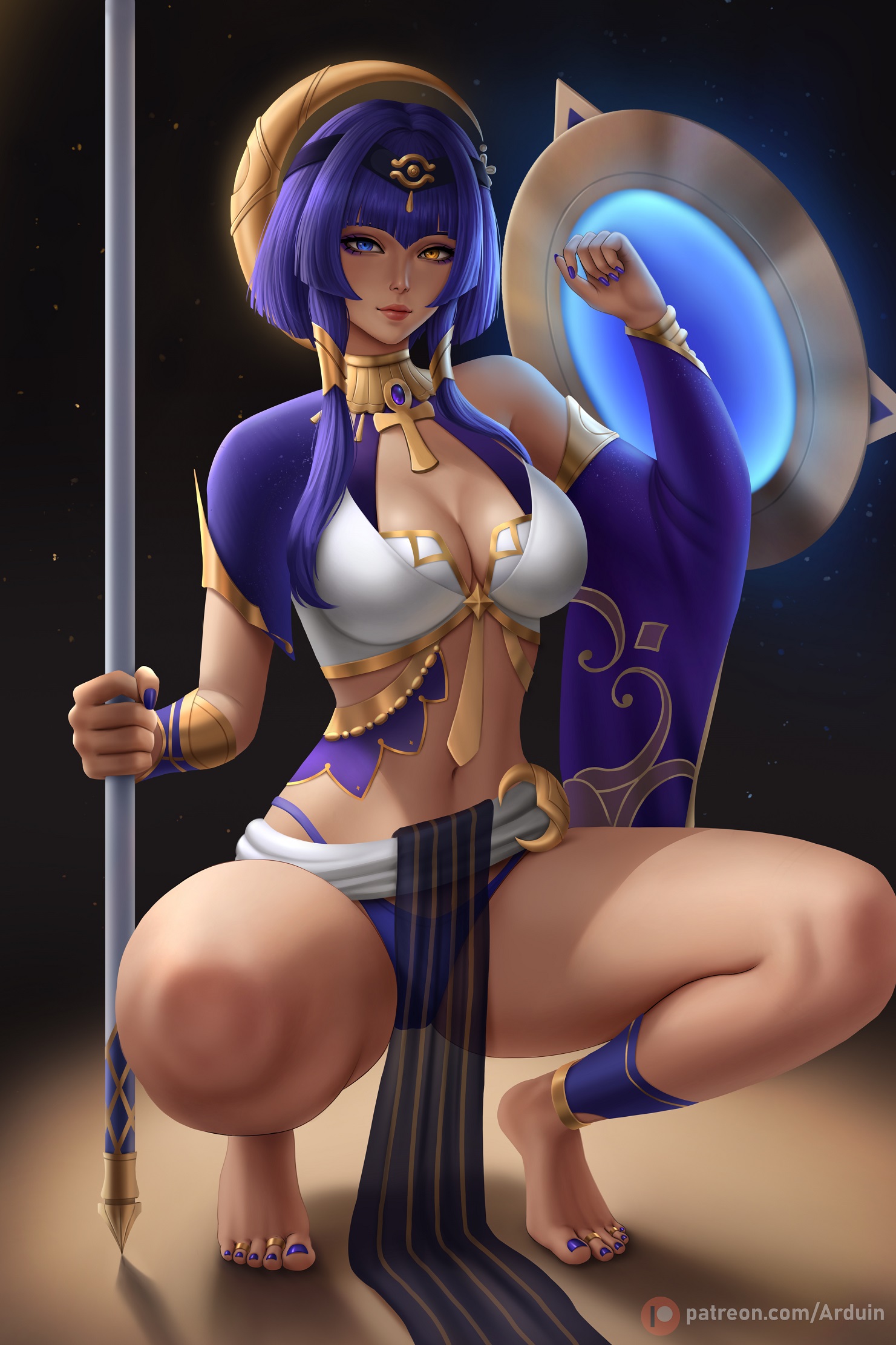 1girls, arduin (arduin art), arduina, bangs, black hairband, blue eyes, blue hair, blue panties, blush, breasts, candace (genshin impact), cleavage, crouching, dark skin, dark-skinned female, female, female only, genshin impact, hair ornament, hairband, heterochromia, highres, large breasts, long hair, looking at viewer, nail polish, navel, panties, shield, smile, solo, spear, thighs, underwear, yellow eyes