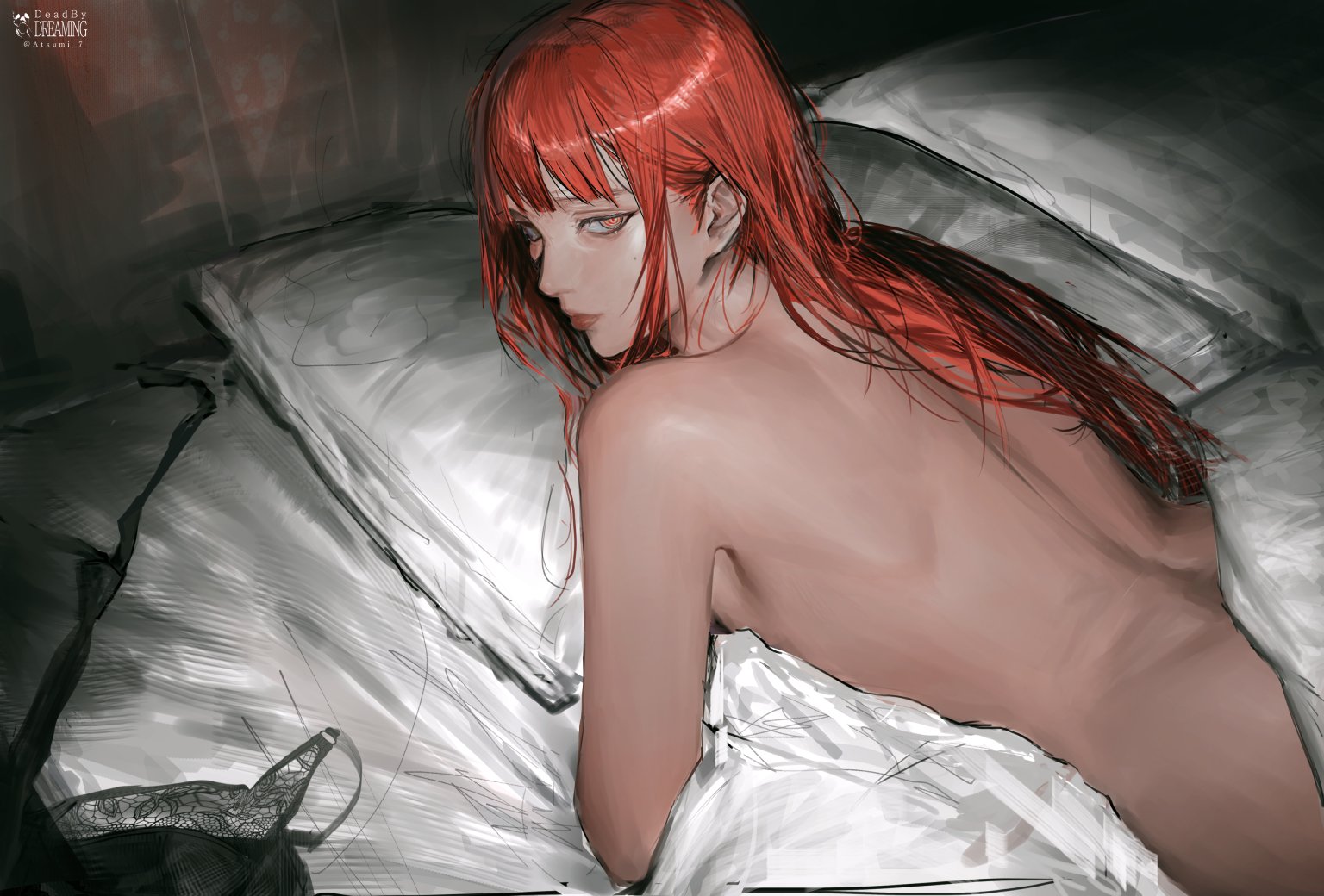 1girls, atsumi 7, back view, bed, bedroom, behind, behind view, bra aside, bra removed, chainsaw man, convenient censoring, female, female only, long hair, looking at viewer, looking back, lying, lying on stomach, makima (chainsaw man), on bed, pillow, red hair, solo, solo female