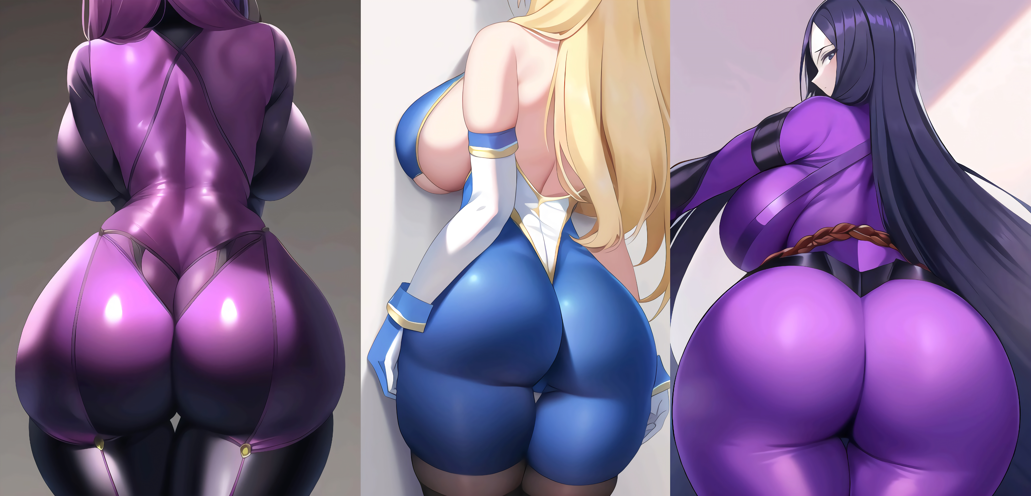 3girls, ai generated, artoria pendragon, artoria pendragon (swimsuit ruler), ass, ass focus, backboob, bending over, blonde hair, bodysuit, breasts, bunnysuit, collage, curvy, elbow gloves, fate (series), fate/grand order, female, female only, from behind, grey eyes, huge ass, huge breasts, large ass, large breasts, lewdful, long hair, looking at viewer, looking back, minamoto no raikou (fate/grand order), nai diffusion, no face, purple hair, scathach (fate), sideboob, simple background, stable diffusion, thick ass, thick thighs, thighhighs, tight clothing, voluptuous, white background