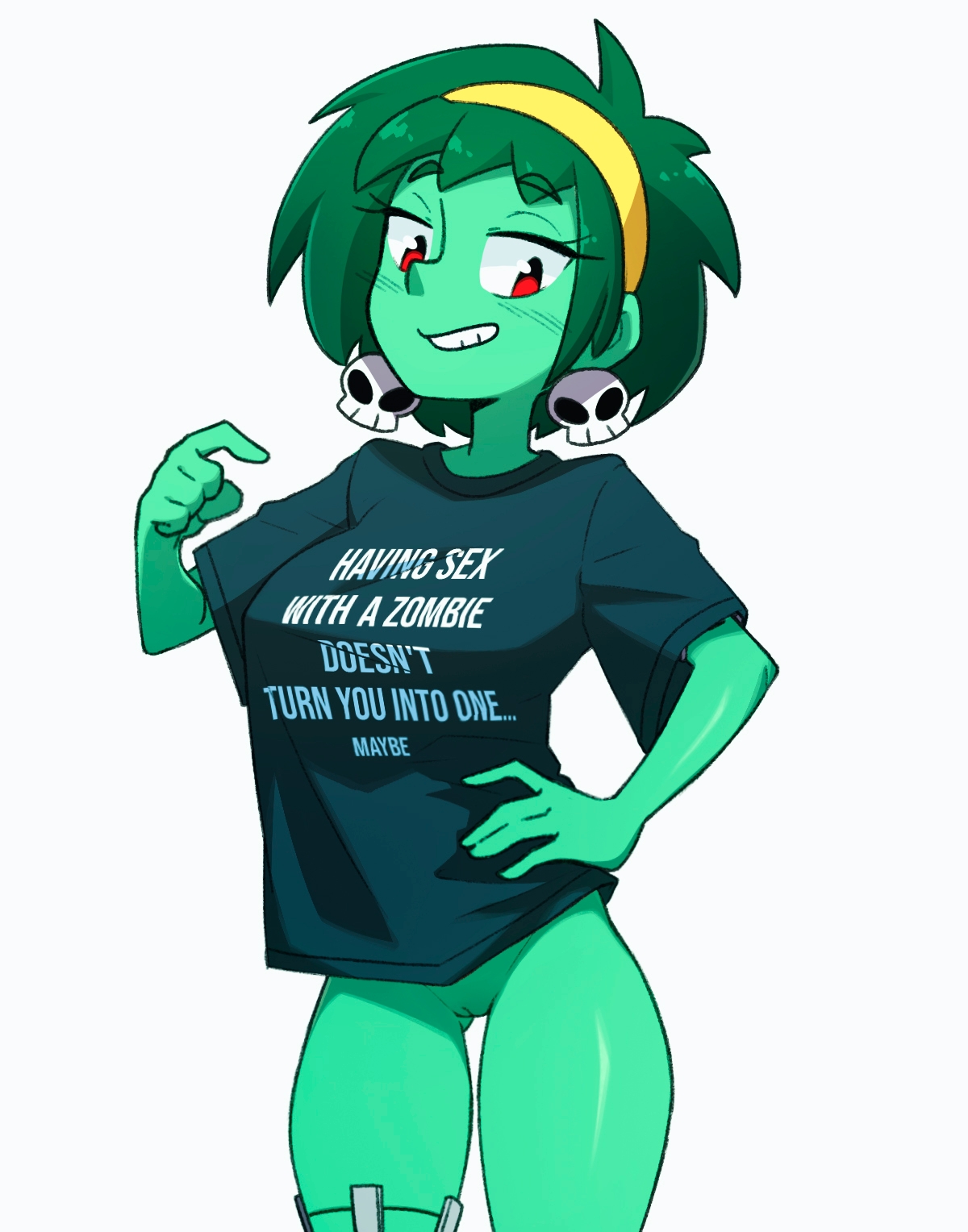 1girls, bottomless, female, green skin, pussy, rottytops, shantae, smooth skin, solo, t-shirt, tobias wheller, zombie