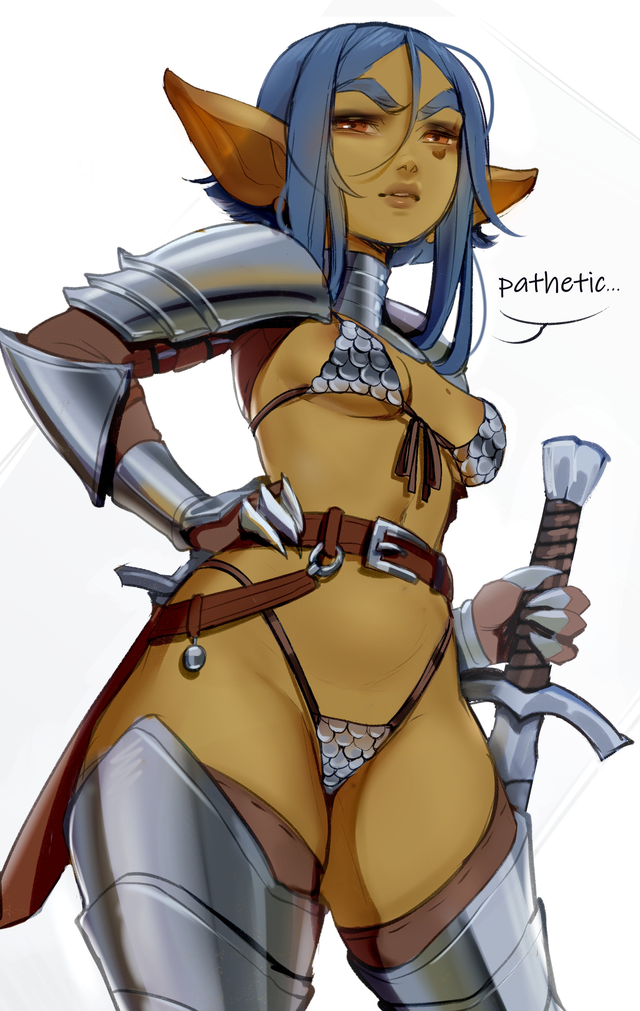 1girls, absurd res, armor, bikini armor, blue eyebrows, blue hair, breasts, dialogue, english text, female, female only, fully clothed, goblin, goblin female, green skin, hand on hip, long hair, looking at viewer, maewix1, narrowed eyes, orange eyes, pointy ears, revealing clothes, rissma (maewix1), skimpy clothes, small breasts, solo, speech bubble, sword, talking to viewer, text, thick eyebrows, white background