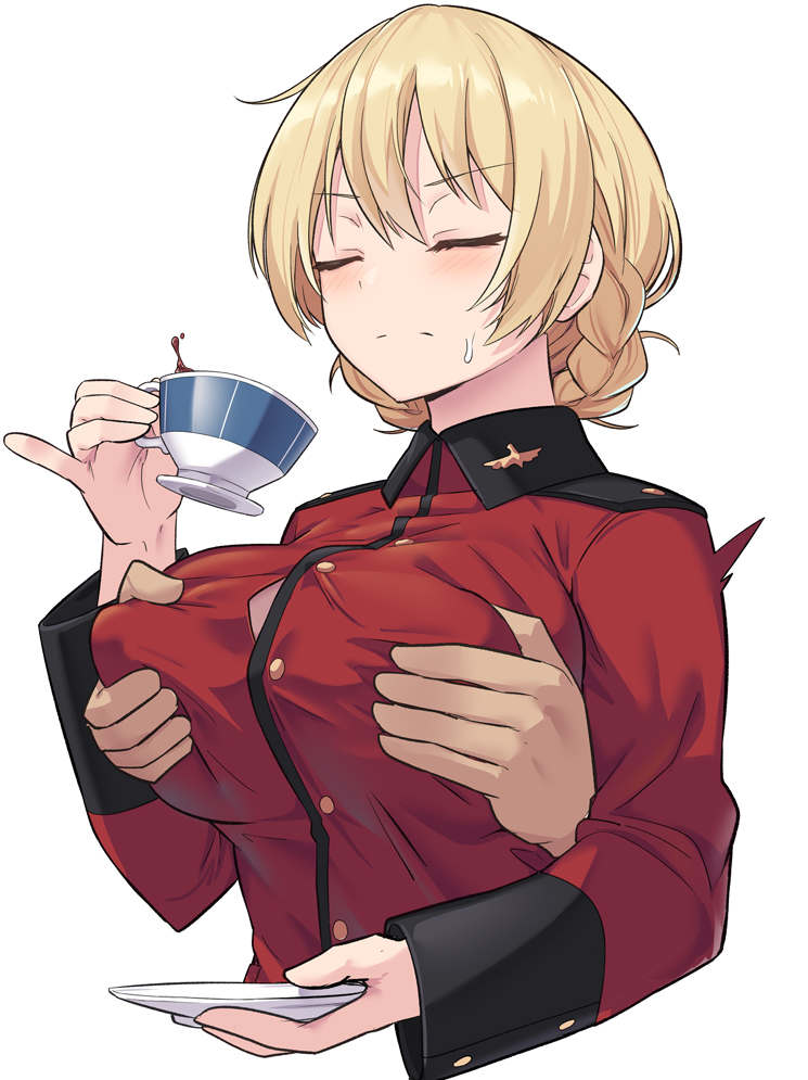 1girls blonde_hair blush braid breast_grab breast_squeeze darjeeling girls_und_panzer grabbing groping holding holding_object military military_jacket military_uniform shiseki_hirame sweat