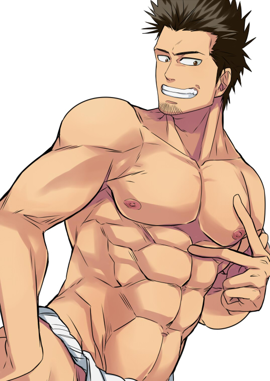 abs bara black_hair facial_hair fukamachi fundoshi gintama goatee grin kondou_isao male male_only muscular muscular_male pecs smile solo spiky_hair stubble tan_skin topless topless_male v