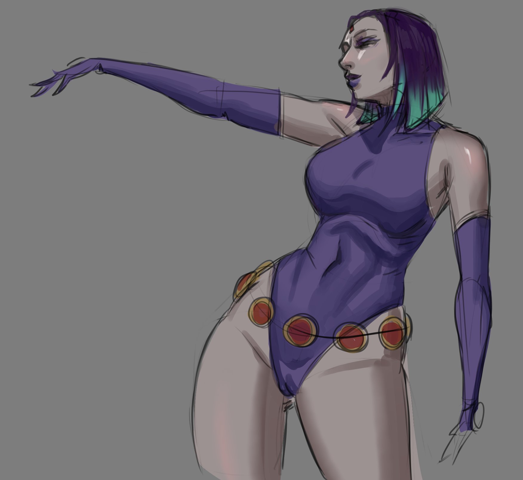 1girls, ass, breasts, covered navel, dc, dc comics, elbow gloves, female, female only, fully clothed, leotard, raven (dc), solo, teen titans, thighs, weakj, wide hips