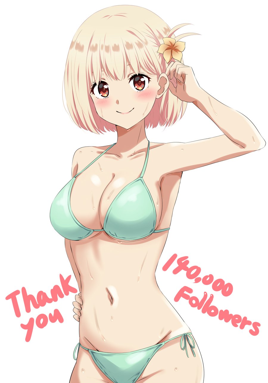 bangs, bikini, blonde hair, blush, breasts, brown eyes, cleavage, collarbone, female, flower, groin, hair flower, hair ornament, hand on hip, highres, large breasts, looking at viewer, lycoris recoil, milestone celebration, navel, nishikigi chisato, panties, short hair, side-tie panties, sideboob, smile, stomach, swimsuit, thank you, underwear, white bikini