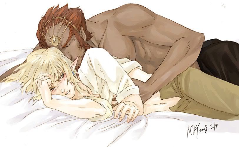 2008, 2boys, bed, blonde hair, blue eyes, blush, ganondorf, ganondorf (twilight princess), gerudo, link, link (twilight princess), male, male only, maledom, malesub, mtfy, pointy ears, red hair, shirt lift, shirtless, straight hair, the legend of zelda, twilight princess, white background, yaoi