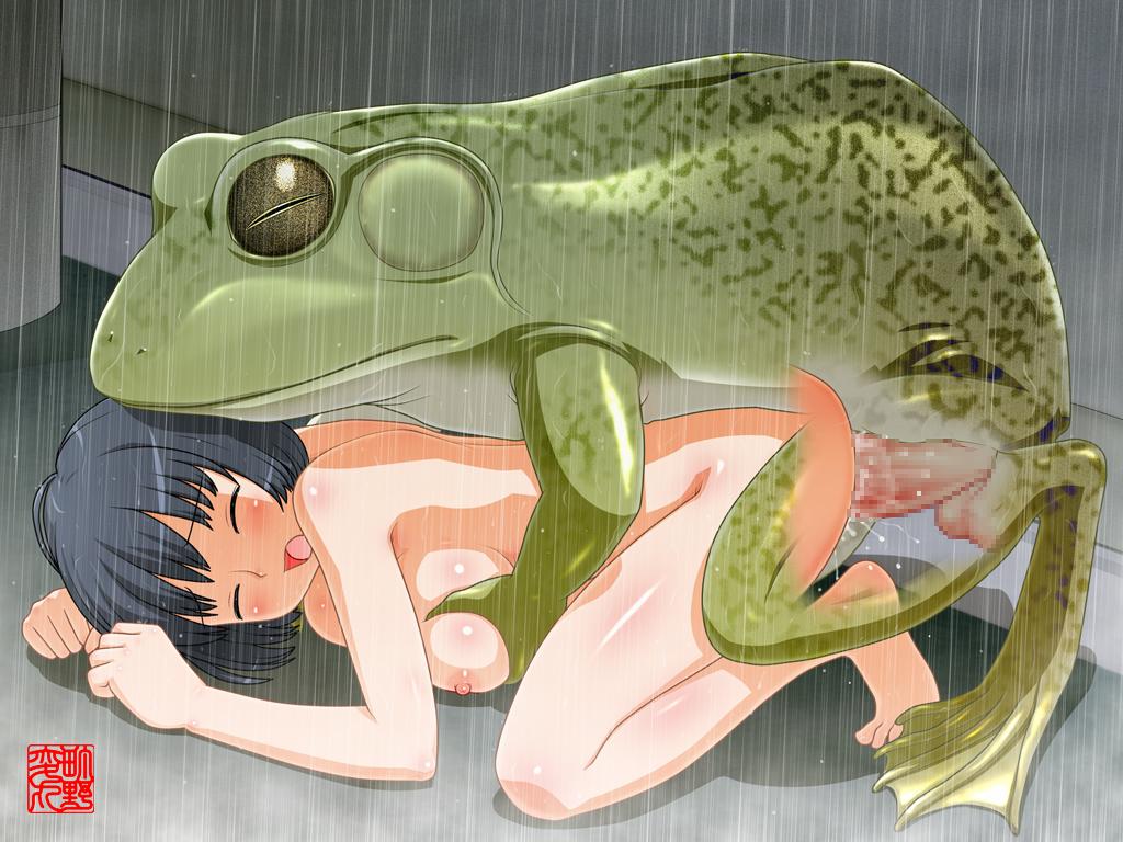 1girls amphibian barefoot breasts female frog froggy_style human interspecies machino_henmaru male nipples nude penis rain sex testicles vaginal_penetration zoophilia