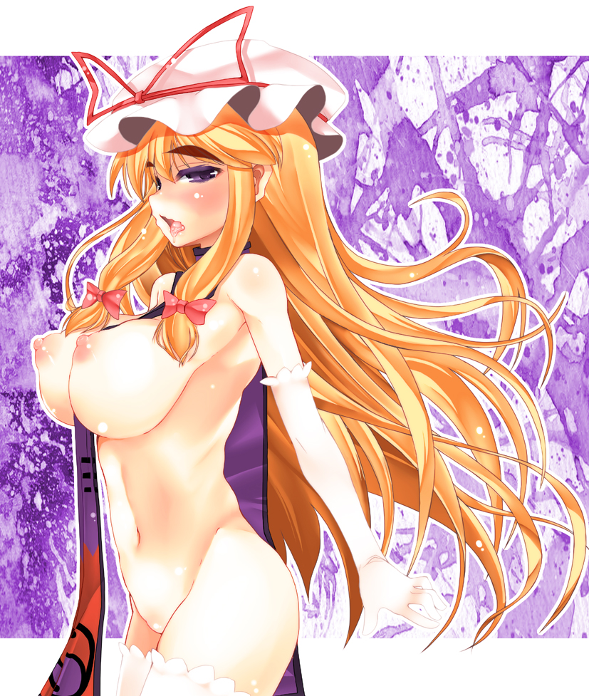 1girls blush breasts drool elbow_gloves eyebrows female gloves hat long_hair mabuchoco_m naked_thighhighs nipples nude purple_eyes saliva solo thighhighs touhou white_legwear white_thighhighs yukari_yakumo