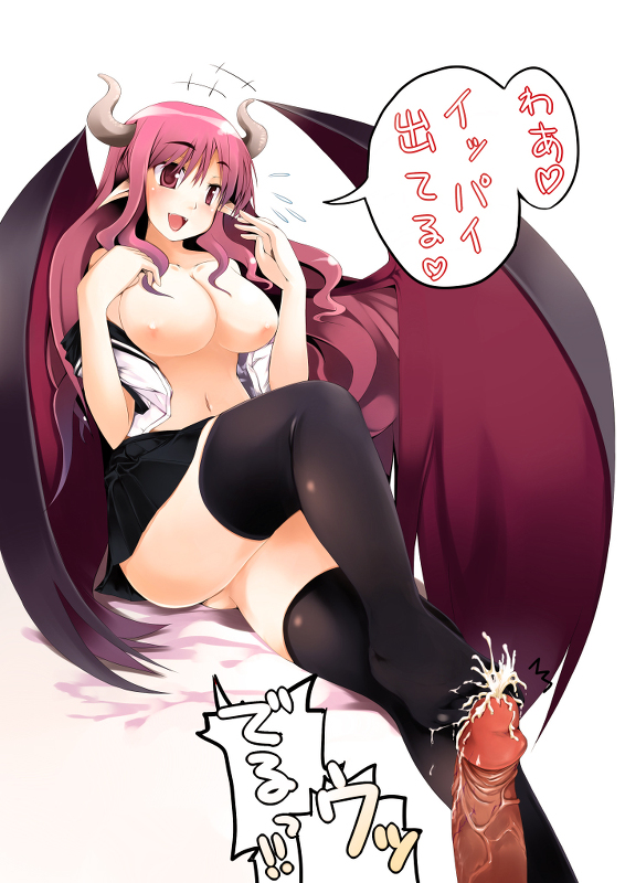 breasts cum cum_on_body cum_on_feet cum_on_lower_body demon_girl disgaea fangs feet female footjob footjob_with_legwear horns male misaki_takahiro penis pointy_ears red_hair straight succubus_(disgaea) thighhighs uncensored wings