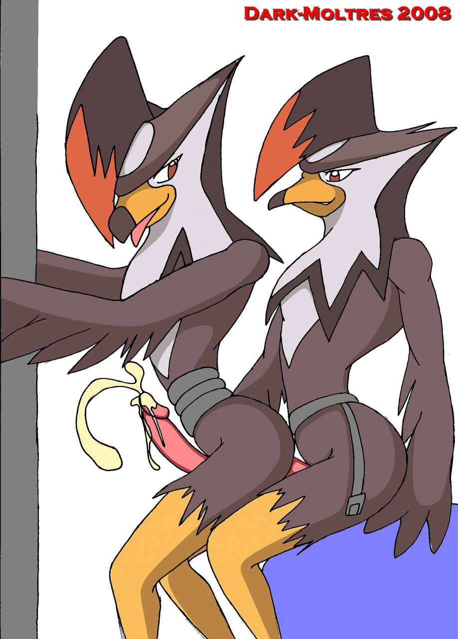 2008 against_wall animal_genitalia arm_support avian belt cum dark_moltres furry hair_over_eyes male male_only multiple_males open_mouth penis pokemon pokemon_dppt sitting_down staraptor straight_hair yaoi