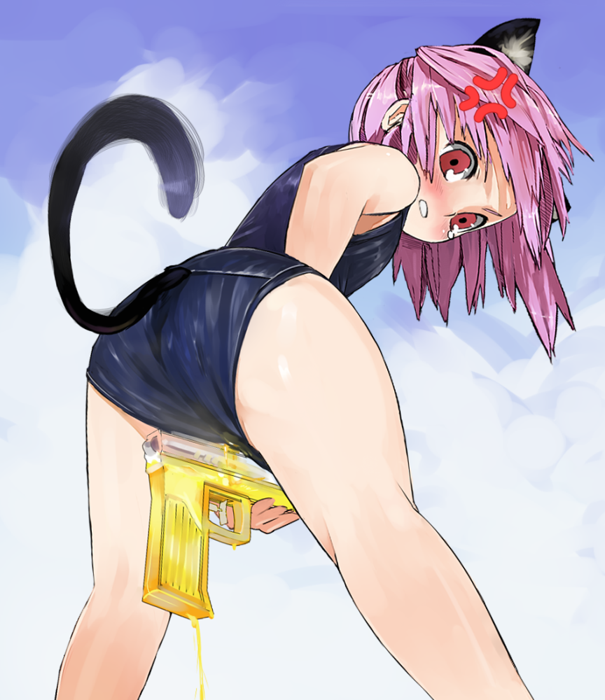 angry animal_ear ass blush looking_back mitei one-piece_swimsuit pee peeing pink_eyes pink_hair swimsuit swimsuit_aside tail urination urine urine_in_container water_gun