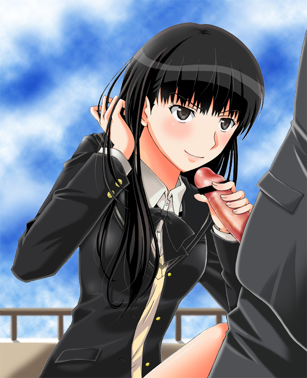 amagami ayatsuji_pork ayatsuji_tsukasa bar_censor black_eyes black_hair blush censored long_hair penis school_uniform smile