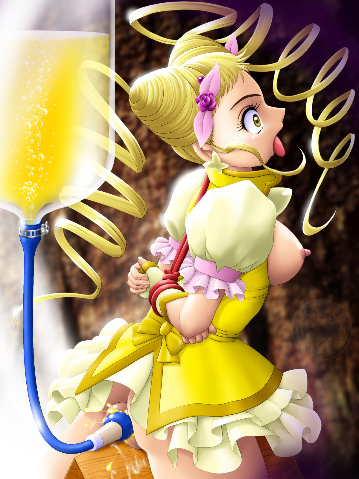 anal anal_object_insertion ass_juice blonde_hair bondage breastless_clothes breastless_clothing clothing cure_lemonade dress enema highres kasugano_urara magical_girl medium_breasts no_panties onoe precure pretty_cure tongue tongue_out wooden_horse yellow_eyes