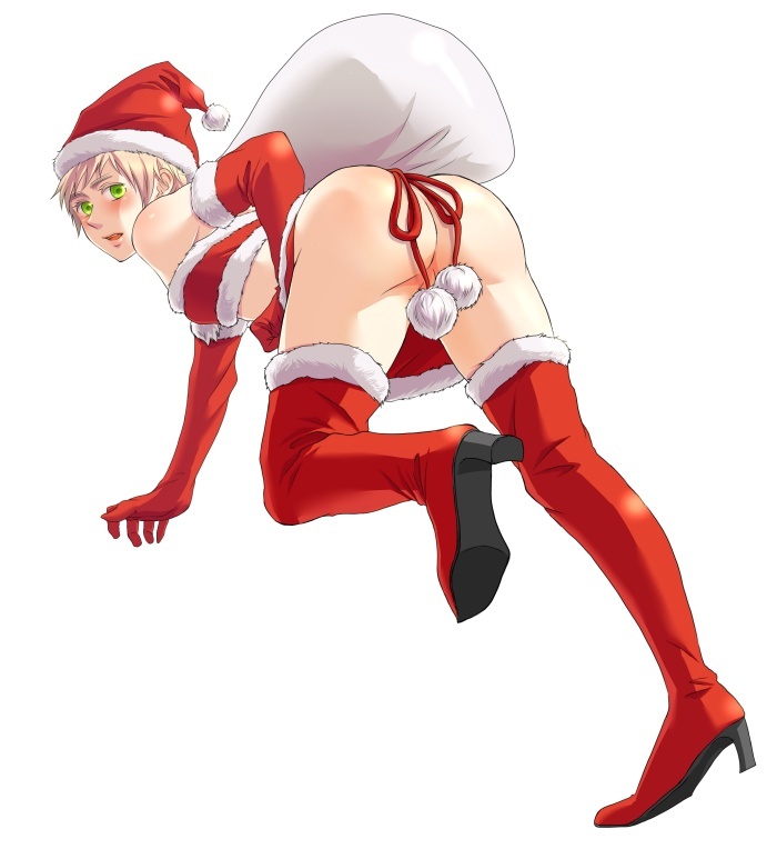 arthur_kirkland artist_request ass axis_powers_hetalia blonde_hair boots censored christmas convenient_censoring costume crossdressing england_(hetalia) femboy fur gloves green_eyes hat high_heels male male_only santa_costume santa_hat santa_suit shoes solo