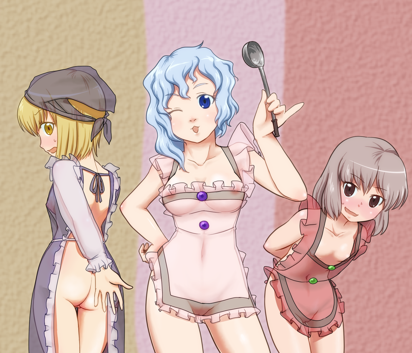 3girls apron ass blonde_hair blue_eyes blue_hair blush breasts brown_eyes brown_hair d.koutya daajirin.koucha highres ladle leaning_forward lunasa_prismriver lyrica_prismriver merlin_prismriver multiple_girls naked_apron nipples pussy see-through short_hair siblings sisters touhou uncensored wink yellow_eyes