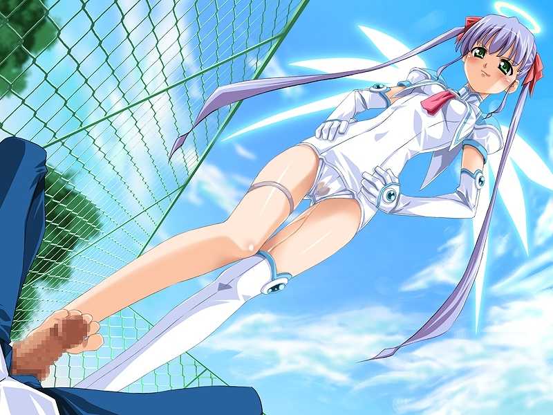 angel barefoot bow censored clothing cloud feet femdom fence footjob hairbow hands_on_hips jibril_aries jinno_hikari kuuchuu_yousai long_hair looking_at_viewer looking_down makai_tenshi_jibril makai_tenshi_jibril_2 mosaic_censoring outdoors outside panties penis pov purple_hair sky stain stained_panties thigh_gap tied_hair tree twintails