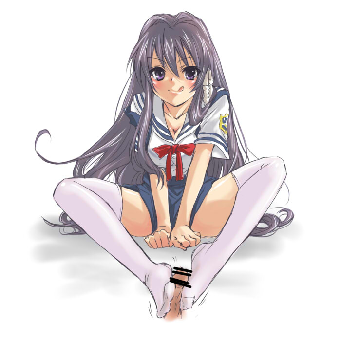 artist_request blush bow censored clannad cleavage clothing feet female footjob footjob_with_footwear fujibayashi_kyou legwear no_shoes penis purple_eyes purple_hair school_uniform sitting skirt spread_legs stockings thighhighs thighs tongue very_long_hair zettai_ryouiki