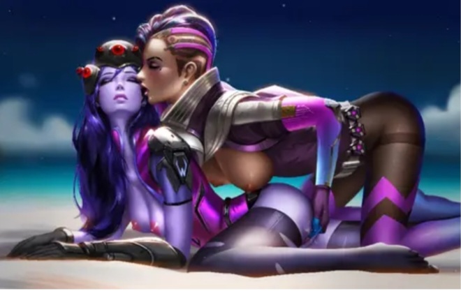 2d, 2girls, blizzard entertainment, blue skin, female, fingering, kissing, latina, liang xing, lowres, makeup, multiple females, multiple girls, overwatch, overwatch 2, purple hair, pussy, sombra, widowmaker, yuri
