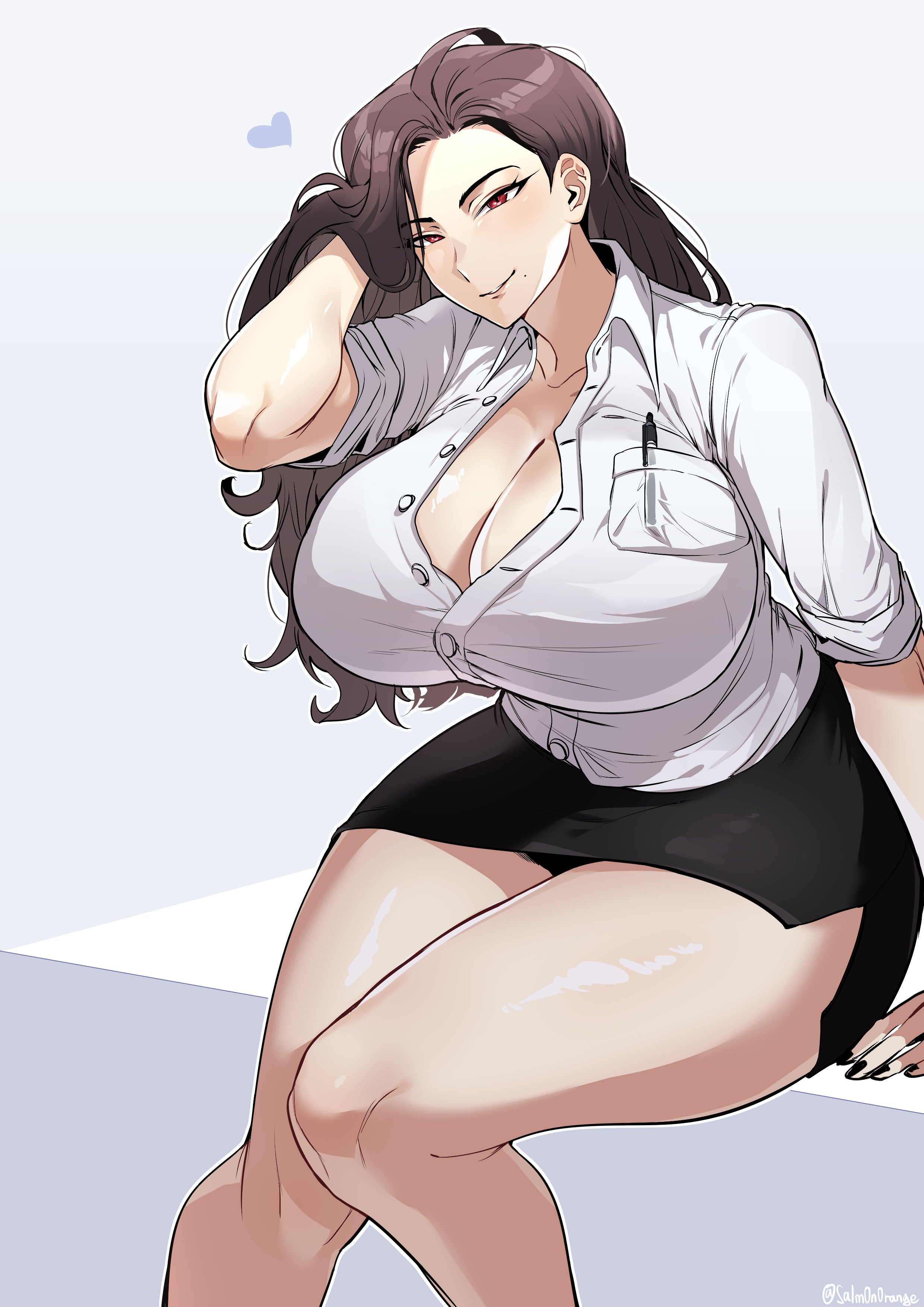 1girls, big breasts, black nail polish, black nails, black skirt, breasts, brown hair, cleavage, female, female only, hair, heart, huge breasts, last origin, lemonade omega, long hair, mature, mature female, mole, mole under mouth, nail polish, nails, office lady, pencil skirt, red eyes, salm0n0range, shirt, skirt, solo, solo female, white shirt