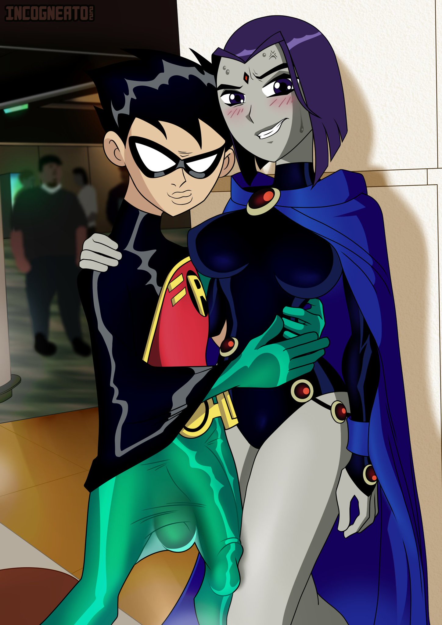 1boy, 1girls, background characters, blush, dc, dc comics, dick grayson, embarrassed, erect penis, erection, erection under clothes, female, funny, huge cock, humor, incogneato, male, meme, penis, penis to the knees, public, rachel roth, raven (dc), robin (dc), robin (dick grayson), teen titans