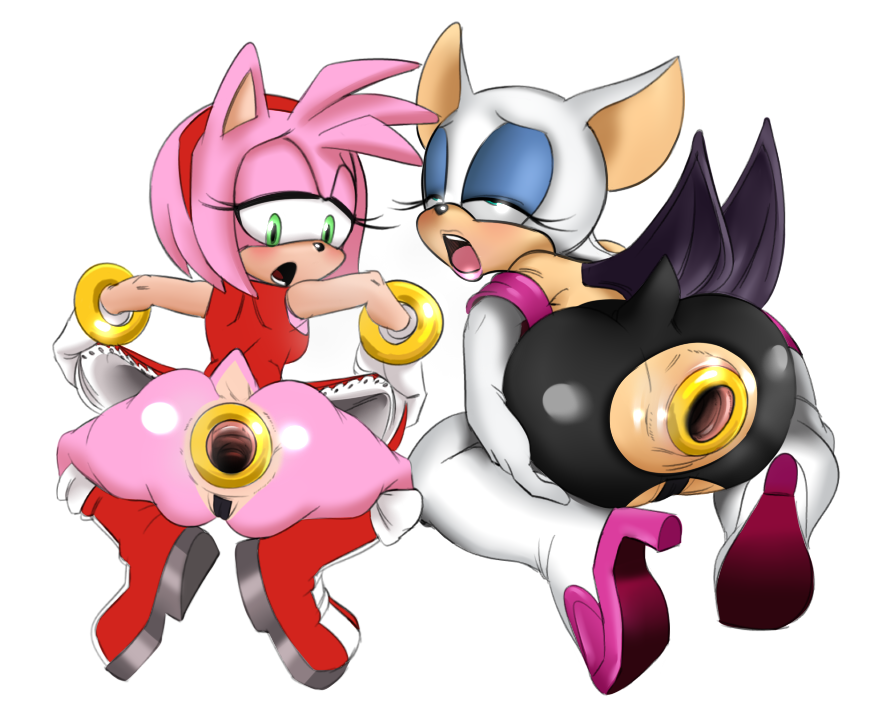 2girls ahe_gao amy_rose anal_ring anus blue_eyeshadow blush boots dilation_insertion elbow_gloves from_behind full_body gaping gaping_anus half-closed_eyes huge_ass incogneato multiple_girls no_panties pink_fur presenting presenting_anus presenting_hindquarters ring ripped_clothing rouge_the_bat sega short_dress sonic_(series) spread_anus thigh_boots white_background white_footwear