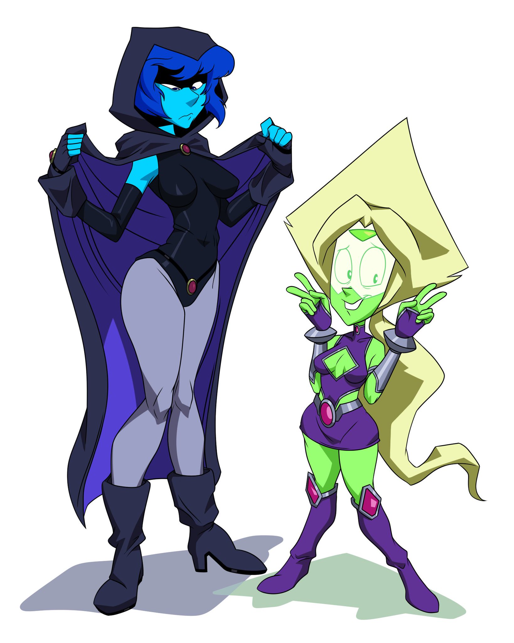 boob window, boots, breasts, cartoon network, cosplay, female, incogneato, lapis lazuli (steven universe), leotard, peridot (steven universe), raven (cosplay), skirt, starfire (cosplay), steven universe, thigh boots, thigh highs, thighhigh boots, thighhighs, thighs, tight clothing, white background