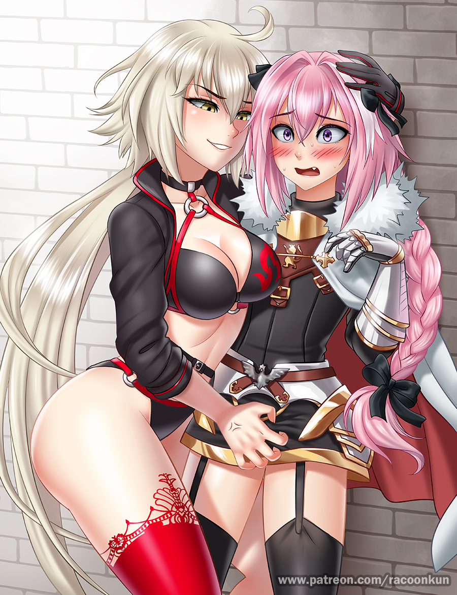 1boy1girl astolfo_(fate) bikini blush bra braid breasts brick_wall bulge bulge_grab fate/grand_order fate_(series) female femboy femboy_on_female grabbing_penis hand_on_head hand_on_penis jeanne_alter jeanne_alter_(swimsuit_berserker) long_hair panties pink_hair racoonkun shocked stockings swimsuit thick_thighs white_hair