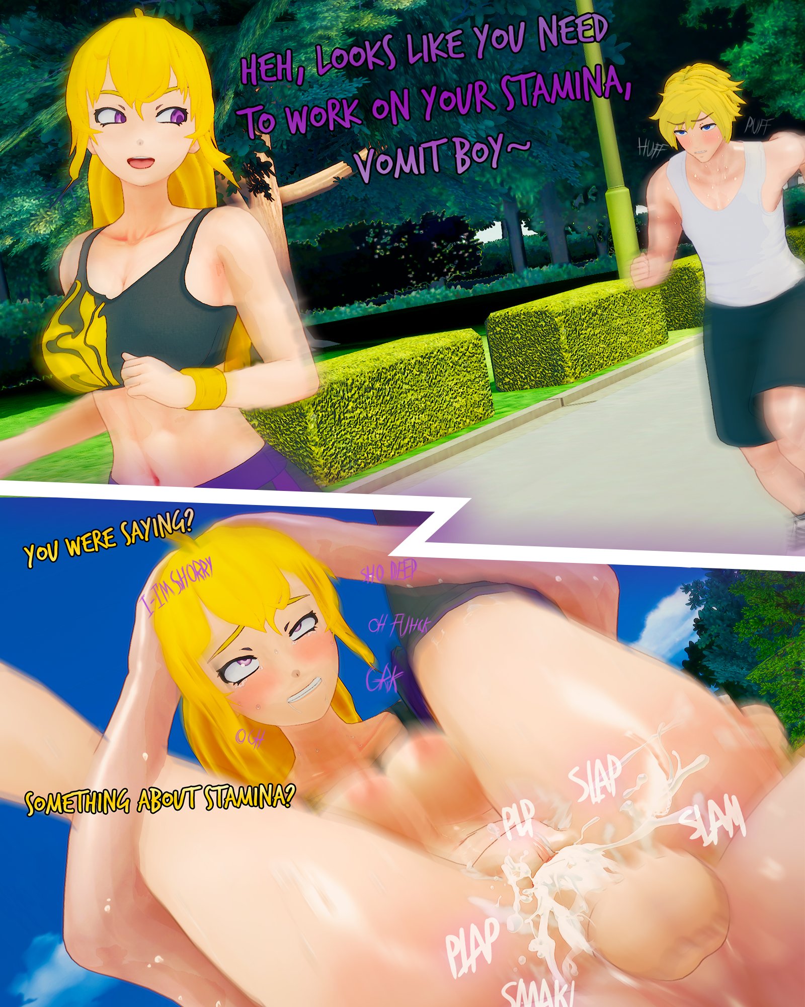 1boy, 1girls, 3d, big breasts, blonde hair, blush, bouncing breasts, breasts, busty, cleavage, cum, cum in pussy, cum inside, dialogue, english text, eyes rolling back, female, fucked silly, full nelson, indrick [artist], instant loss, instant loss 2koma, jaune arc, koikatsu, large breasts, looking pleasured, male, midriff, naughty face, navel, nipples, nude, nude female, ponytail, pussy, rough sex, rwby, sex, smile, sports bra, straight, tagme, text, voluptuous, yang xiao long