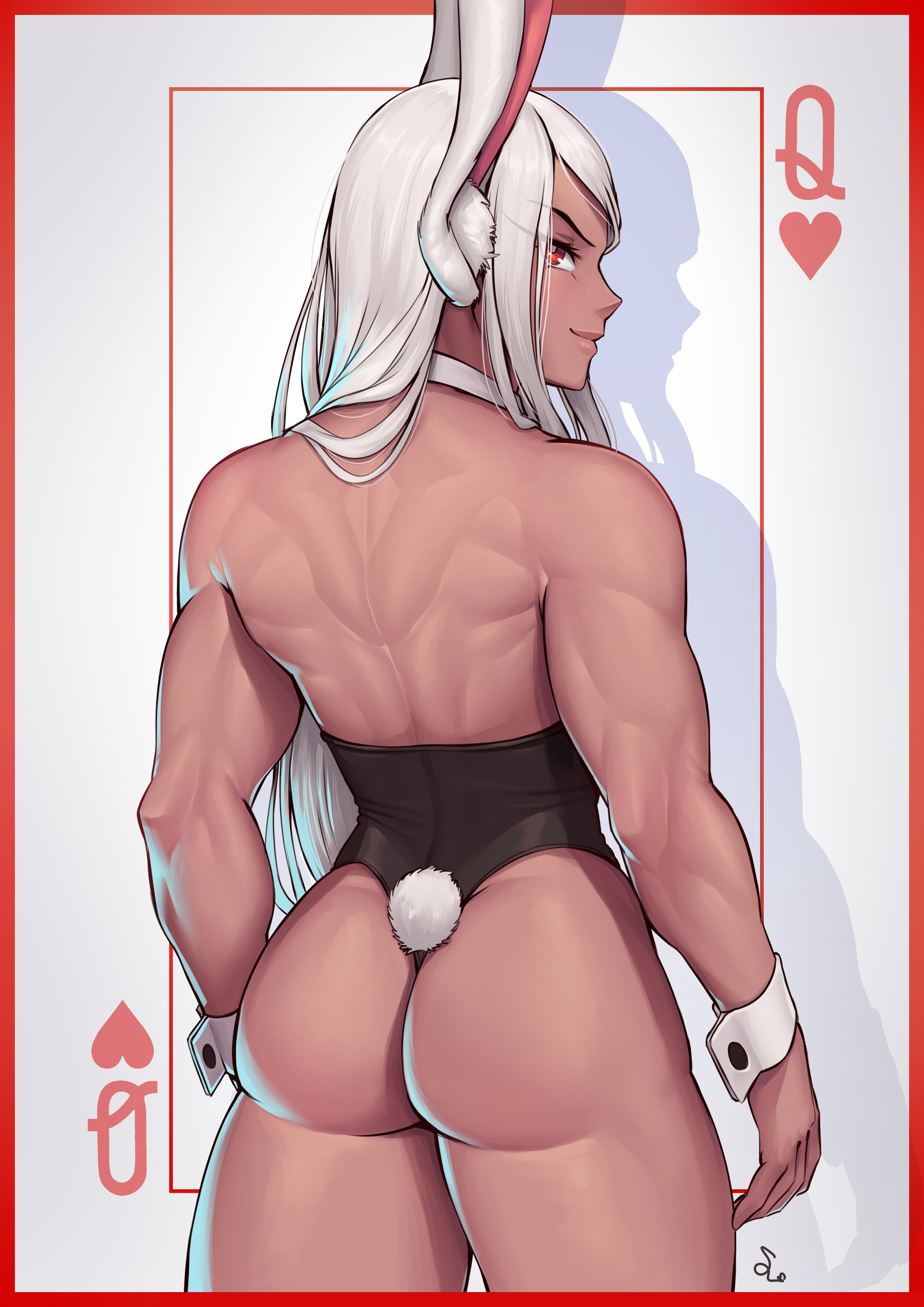 1girls, absurd res, artist signature, ass, back, back muscles, back view, bare back, bare shoulders, biceps, bunny ears, bunny girl, bunny tail, bunnysuit, dark skin, dark-skinned female, female, female only, forearm muscles, glutes, hi res, latex, lats (muscle), looking at viewer, looking back, miruko, muscles, muscular, muscular arms, muscular back, muscular female, my hero academia, playboy bunny, playing card, queen of hearts (playing card), red eyes, rumi usagiyama, shiny clothes, shounen jump, smile, solo, solo female, speedl00ver, thick thighs, tight clothing, trapezius, triceps, white hair