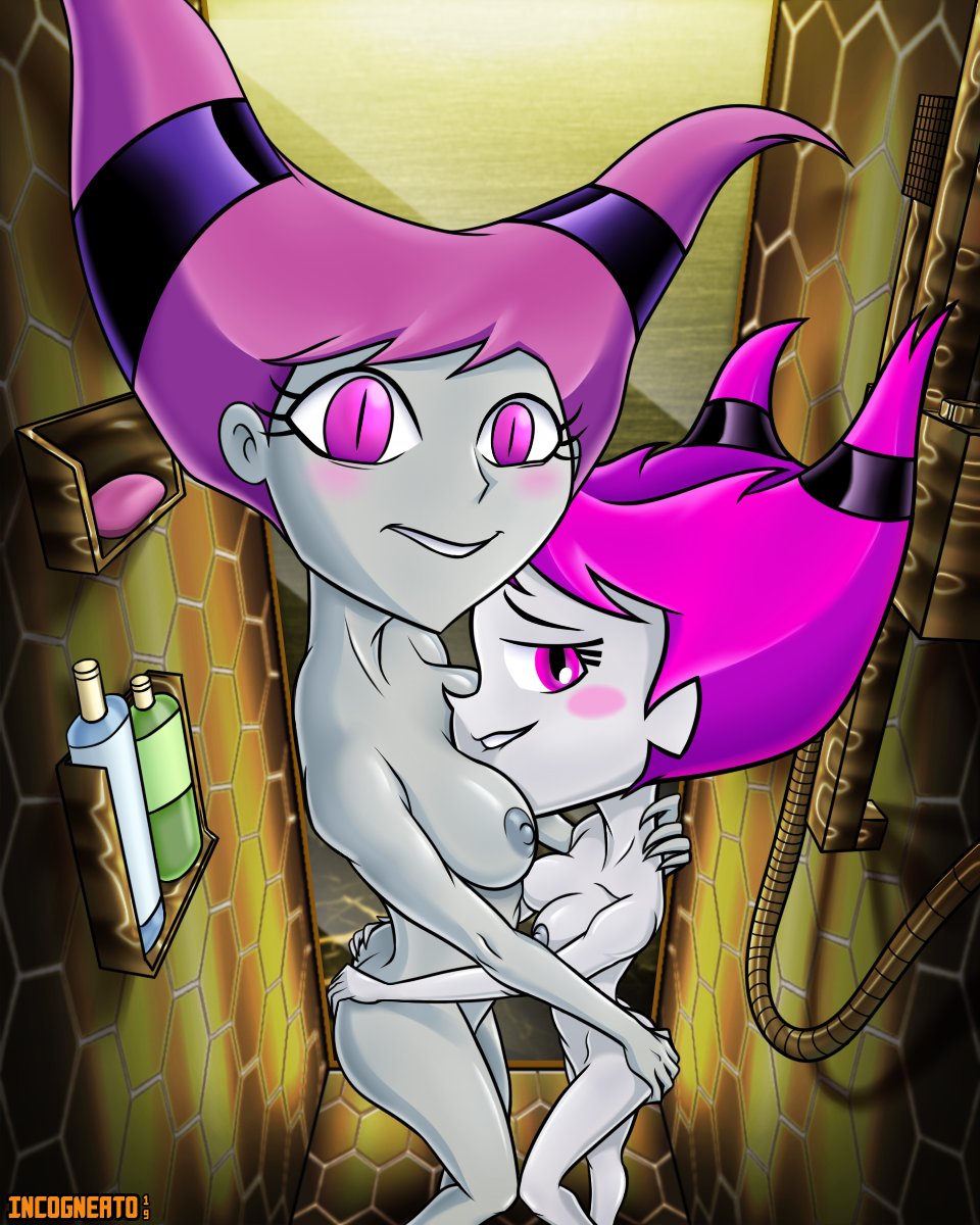 2girls, blush, dc, dc comics, female, female only, grey body, grey skin, incogneato, jinx (dc), multiple females, multiple girls, pink hair, pink sclera, selfcest, shower, signature, size difference, teen titans, teen titans go, text