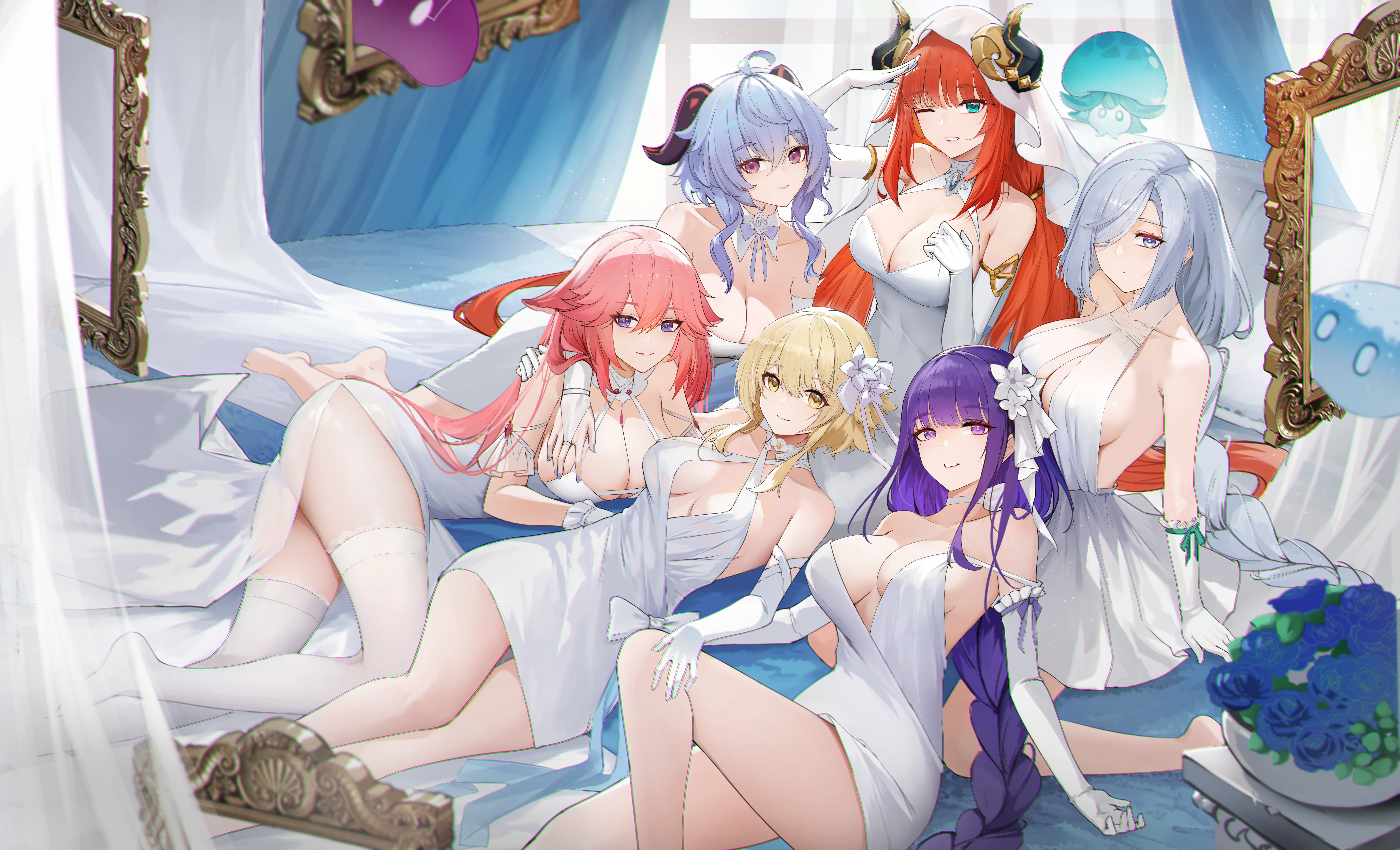 :), 6girls, ahoge, animal ears, aqua eyes, aqua hair, bare shoulders, barefoot, big breasts, blonde hair, blue hair, breasts, choker, cleavage, collar, dress, emotionless, excited, eyelashes, fake horns, female, female only, flower in hair, ganyu (genshin impact), genera-x, genshin impact, gloves, happy, highres, horns, large breasts, legs, legwear, light skin, light-skinned female, long hair, looking at viewer, lumine (genshin impact), lying, multiple females, multiple girls, nilou (genshin impact), no bra, pink hair, purple eyes, purple hair, raiden shogun, red hair, shenhe (genshin impact), sitting, smile, stocking, thighs, turquoise eyes, white dress, white legwear, white stockings, wink, winking, yae miko, yellow eyes