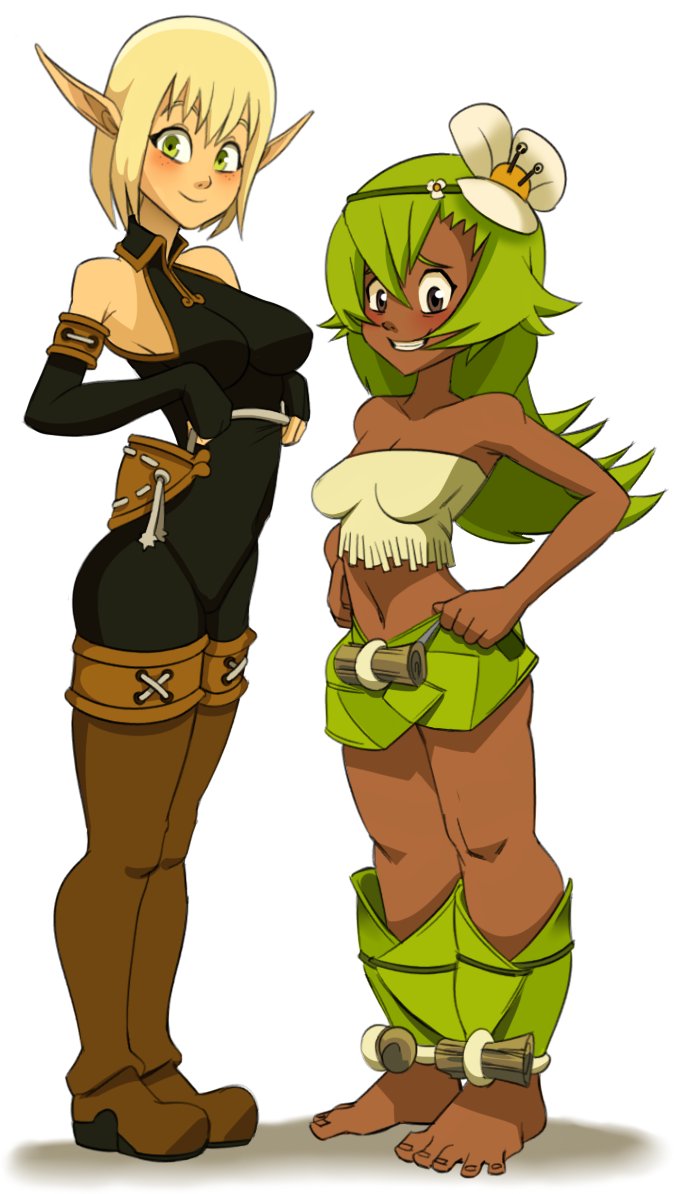 2girls, amalia, arms at sides, barefoot, belly, belly button, blonde, blonde female, blonde hair, blush, blushing, blushing at viewer, bodysuit, boots, breasts, brown eyes, clothed, clothed female, clothes, clothing, color, colored, cra, crop top, dark skin, dark-skinned female, duo, duo focus, evangelyne, exposed shoulders, eye contact, feet, female, female only, fingerless gloves, footwear, front view, fully clothed, gloves, green eyes, green hair, hair, hair ornament, hands on hips, headwear, height difference, hips, humanoid, incogneato, innie belly button, knees, leg warmers, legs, legs together, legwear, light skin, light-skinned female, long gloves, long hair, looking at viewer, medium breasts, medium hair, multiple females, multiple girls, navel, nervous, nervous smile, nipple bulge, nipples, plain background, pointy ears, princess amalia sheran sharm, sadida, shirt, short skirt, simple background, skin tight, skirt, smile, smiling, smiling at viewer, source request, standing, stomach, teeth, thigh boots, thigh high boots, thighs, tight clothing, toes, wakfu, white background