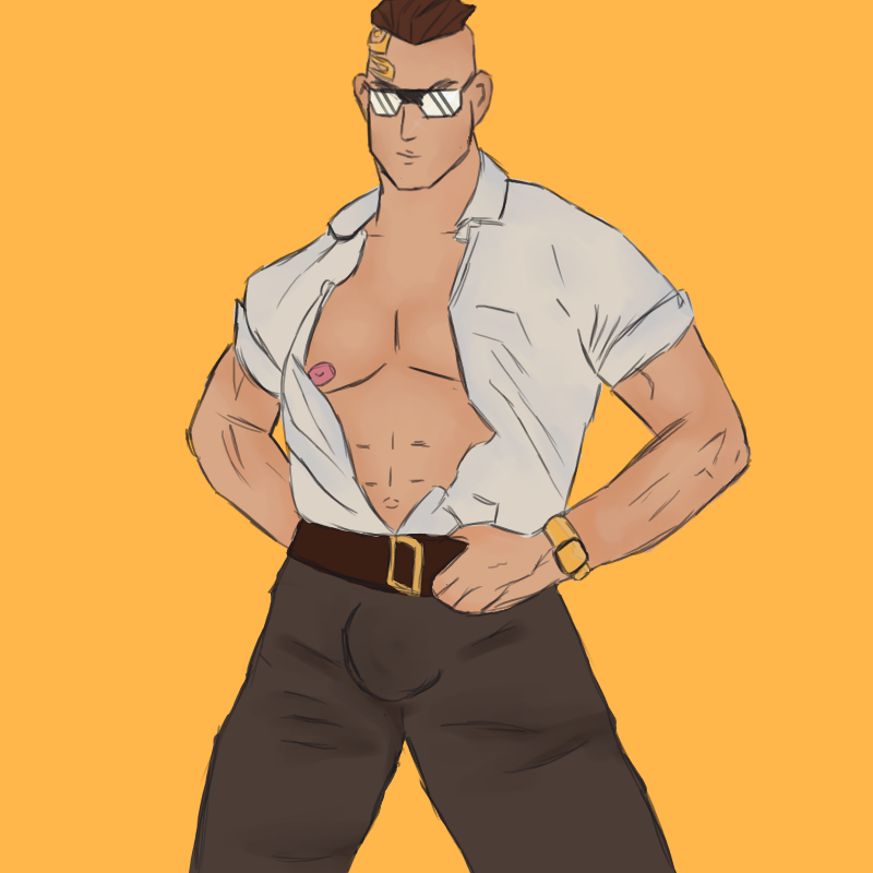 abs belt belt_buckle bulge chamber_(valorant) glasses male male_only muscles open_shirt pecs shirt tight_pants valorant watch