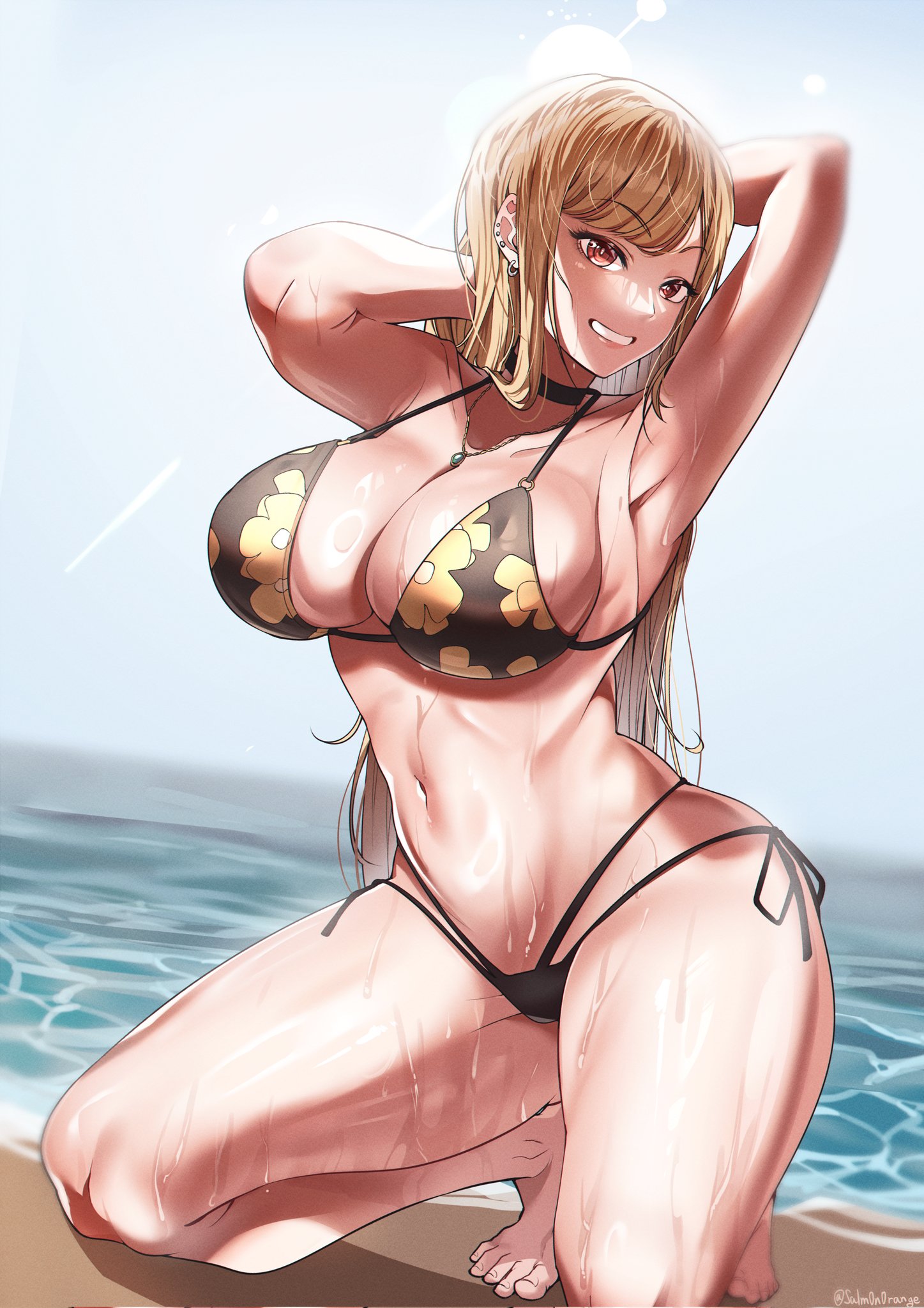 1girls, armpits, arms behind head, big breasts, bikini, bikini bottom, bikini top, blonde hair, breasts, busty, cleavage, earrings, feet, female, female only, gyaru, hair, hands behind head, huge breasts, kitagawa marin, navel, neckwear, pose, posing, red eyes, salm0n0range, sensual, sexy armpits, smile, solo, solo female, sono bisque doll wa koi wo suru, swimsuit, swimwear, thick thighs, thighs, wet, wet body