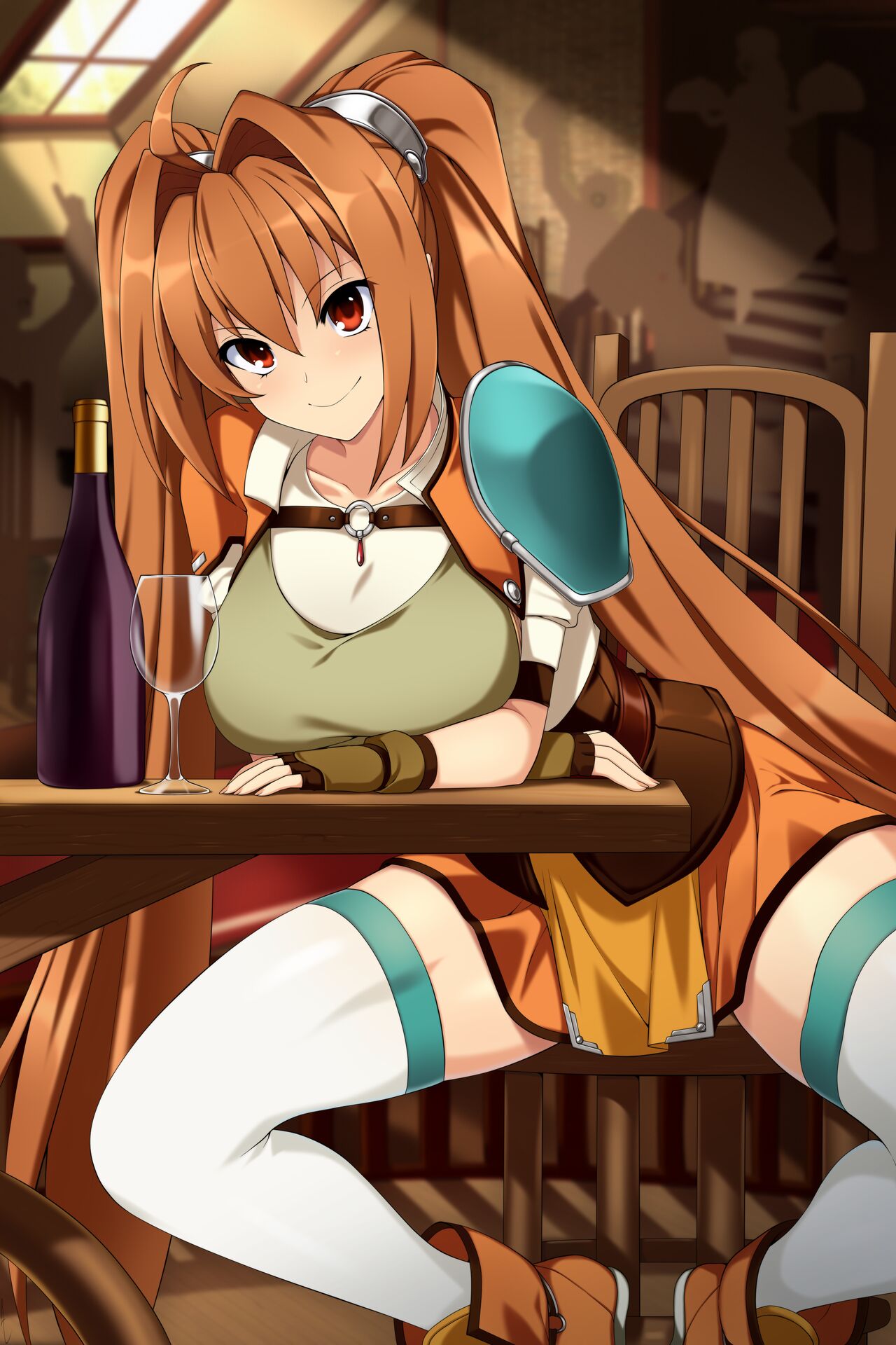 1girls brown_hair chair eiyuu_densetsu estelle_bright female female_only fully_clothed hair_ornament lindaroze long_hair looking_at_viewer pigtails red_eyes sen_no_kiseki sitting sitting_on_chair smile smiling smiling_at_viewer tagme tavern trails_of_cold_steel twintails wine_bottle