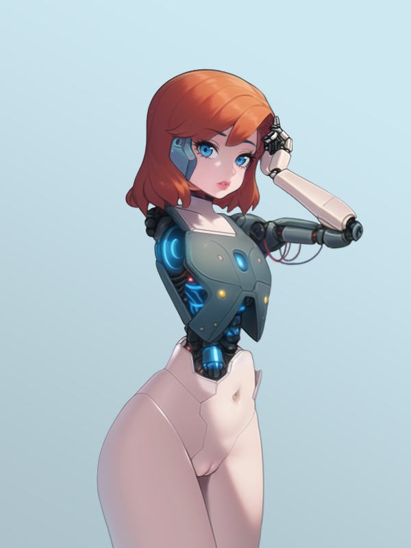 android blue_eyes disassembly ear_covers eyes_visible_through_hair female glowing gynoid jablungus joints lips long_eyelashes looking_at_viewer loose_wires mechabare mechanical_arms mechanical_hands mechanical_parts medium_hair missing_limb navel nude orange_hair original parted_lips pussy robot_girl robot_joints simple_background single_mechanical_arm single_mechanical_hand solo standing wire