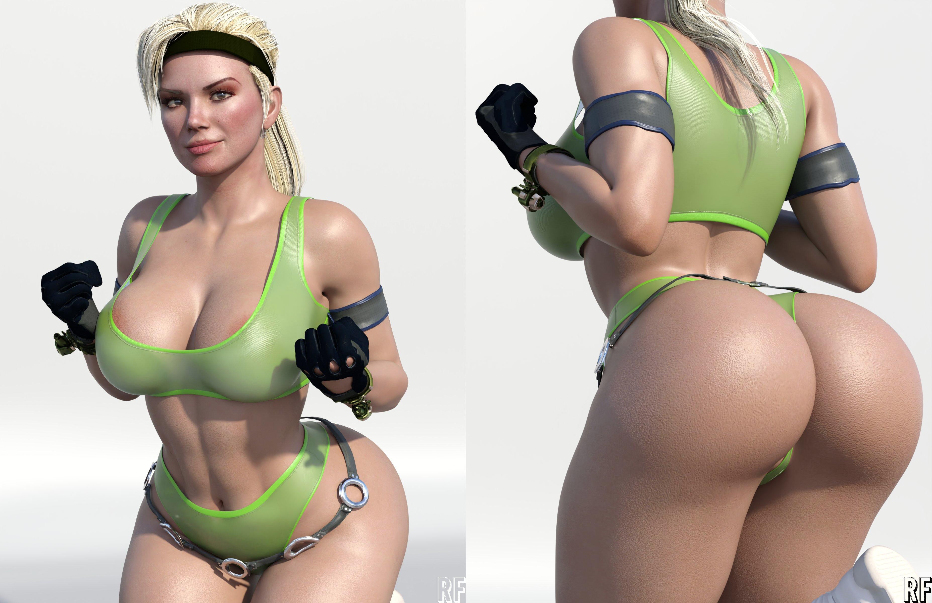 1girls, 3d, ass, big ass, big breasts, blonde hair, breasts, female, female focus, female only, grin, headband, long hair, mortal kombat, mortal kombat 11, ponytail, rude frog, smile, smiling at viewer, smug, solo, solo female, sonya blade, thick thighs, thong