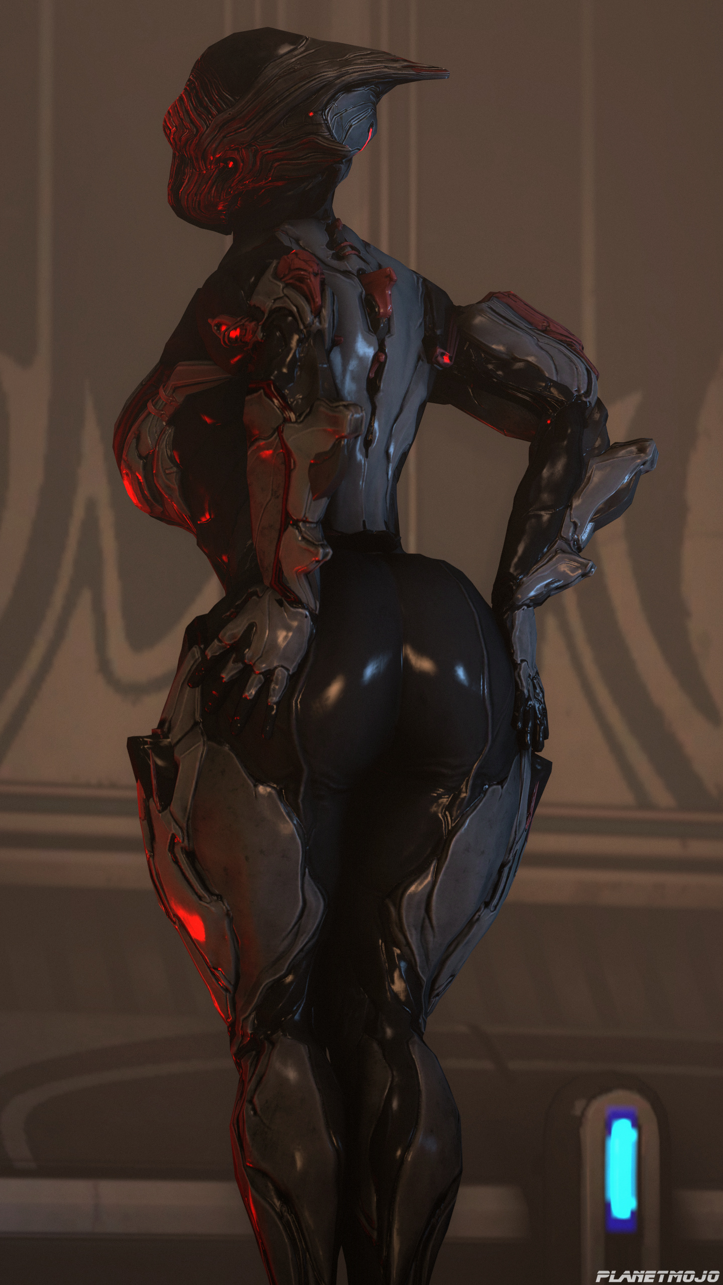 1girls, armor, ass, female, helmet, planetmojo, rule 63, solo, solo female, stalker (warframe), tagme, warframe