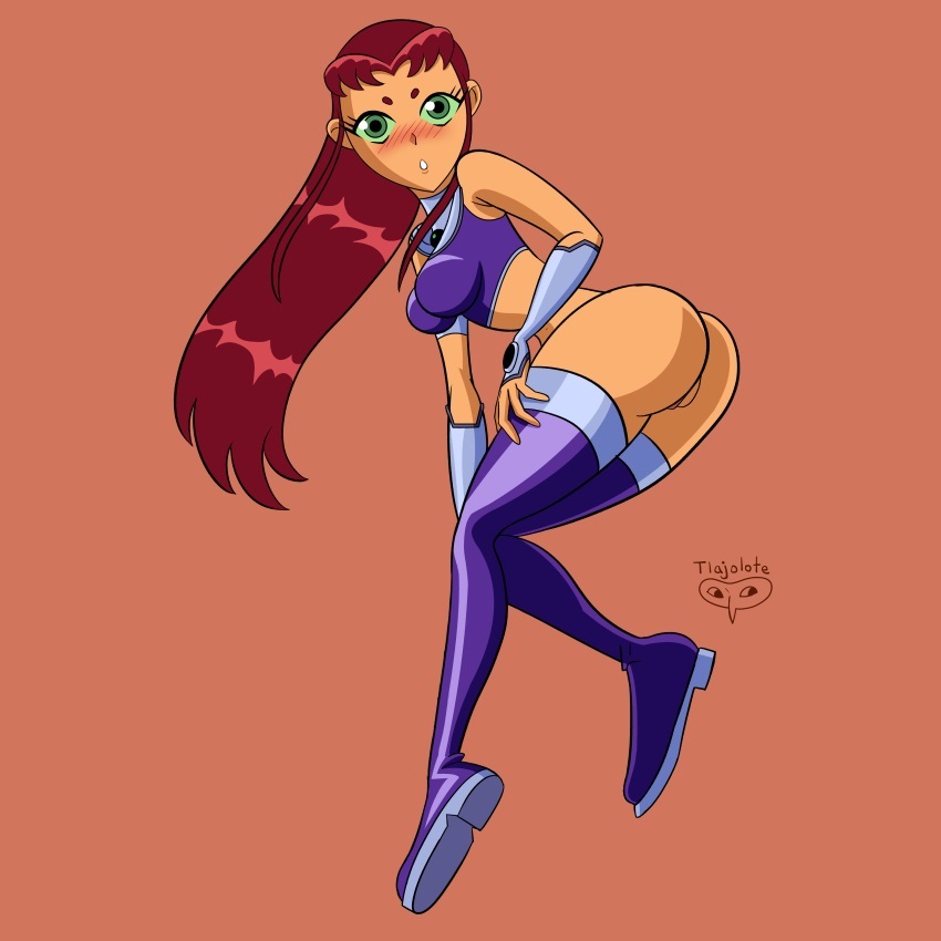 1girls ass bottomless dat_ass dc dc_comics female green_eyes koriand'r no_skirt orange_skin pussy red_hair starfire teen_titans tlajolote_(artist)