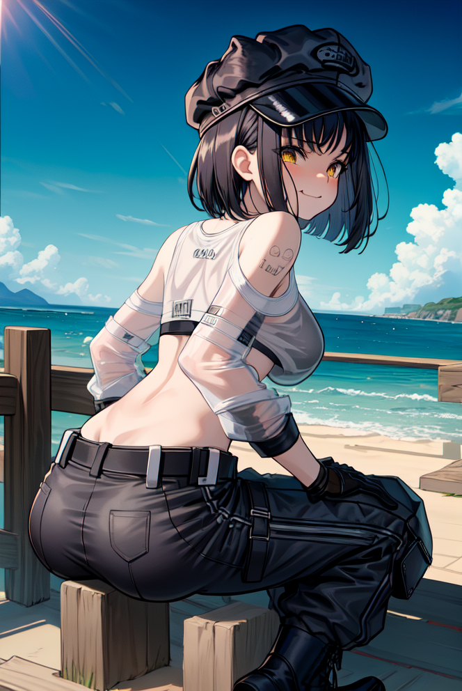 ai_generated ass bare_shoulders black_hair bra breasts cabbie_hat dimples_of_venus embarrassed female from_behind gloves goddess_of_victory:_nikke hat looking_at_viewer medium_breasts milk_(nikke) pants see-through see-through_clothing shiny shiny_clothes shiny_hair shiny_skin shirt short_hair sitting smile solo yellow_eyes