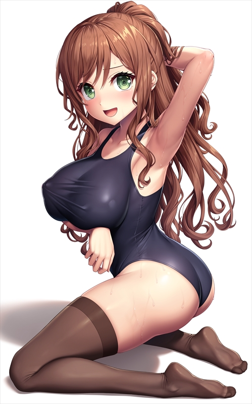 1girls, armpits, ass, bang dream!, big ass, big breasts, black legwear, blush, breasts, brown hair, competition swimsuit, curvy, female, green eyes, huge ass, huge breasts, imai lisa, lambda (kusowarota), legwear, light skin, light-skinned female, long hair, looking at viewer, nipple bulge, ponytail, swimsuit, tagme, thighhighs, wet, wet body, wet skin