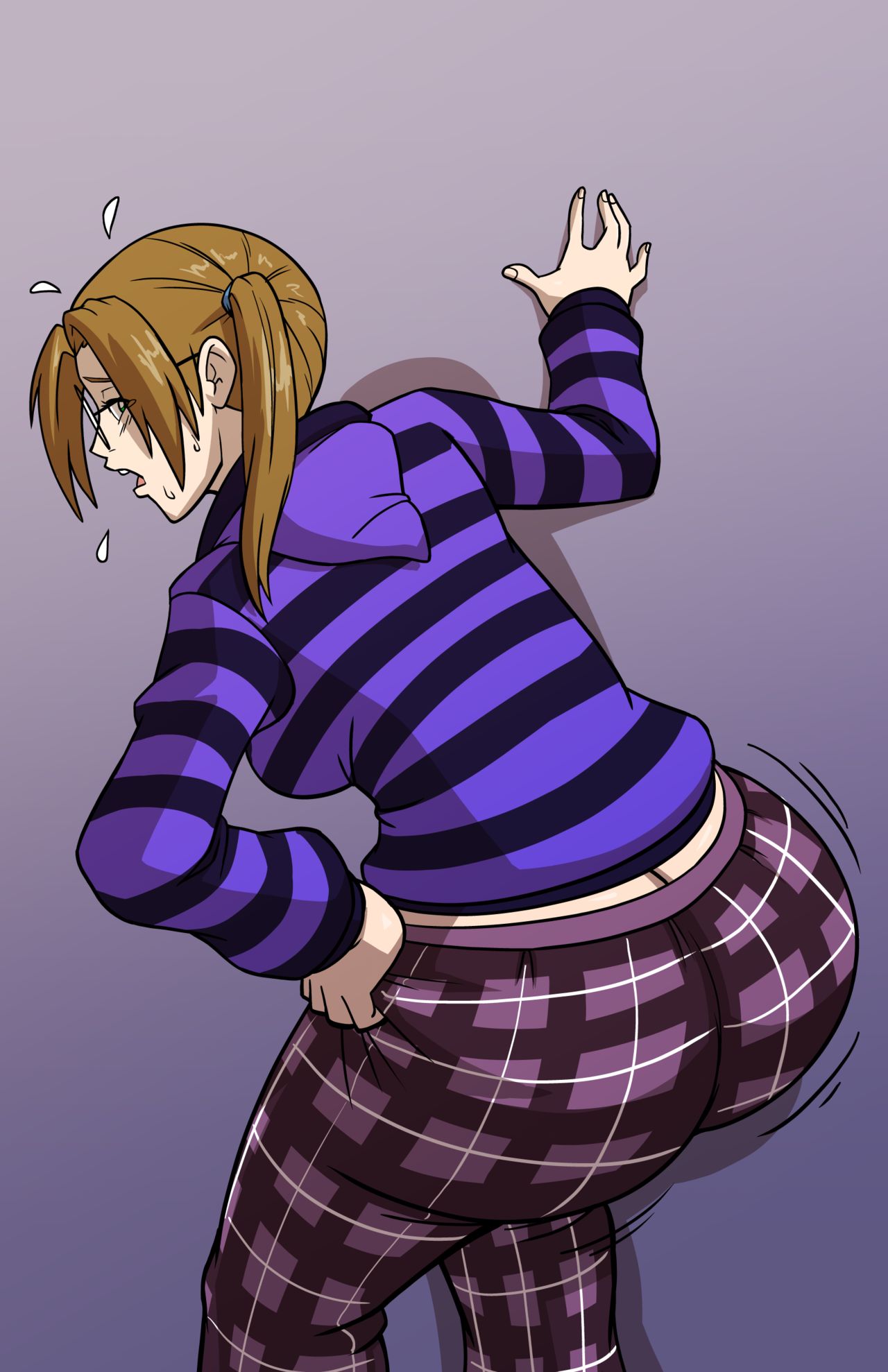 1girls, ass, ass cleavage, ass crack, ass focus, axel-rosered, big ass, brown hair, butt crack, embarrassed, female, glasses, huge ass, looking back, nerdy female, original character, pajama pants, pajamas, pajamas pull, pants pull, simple background, solo, struggling, sweater